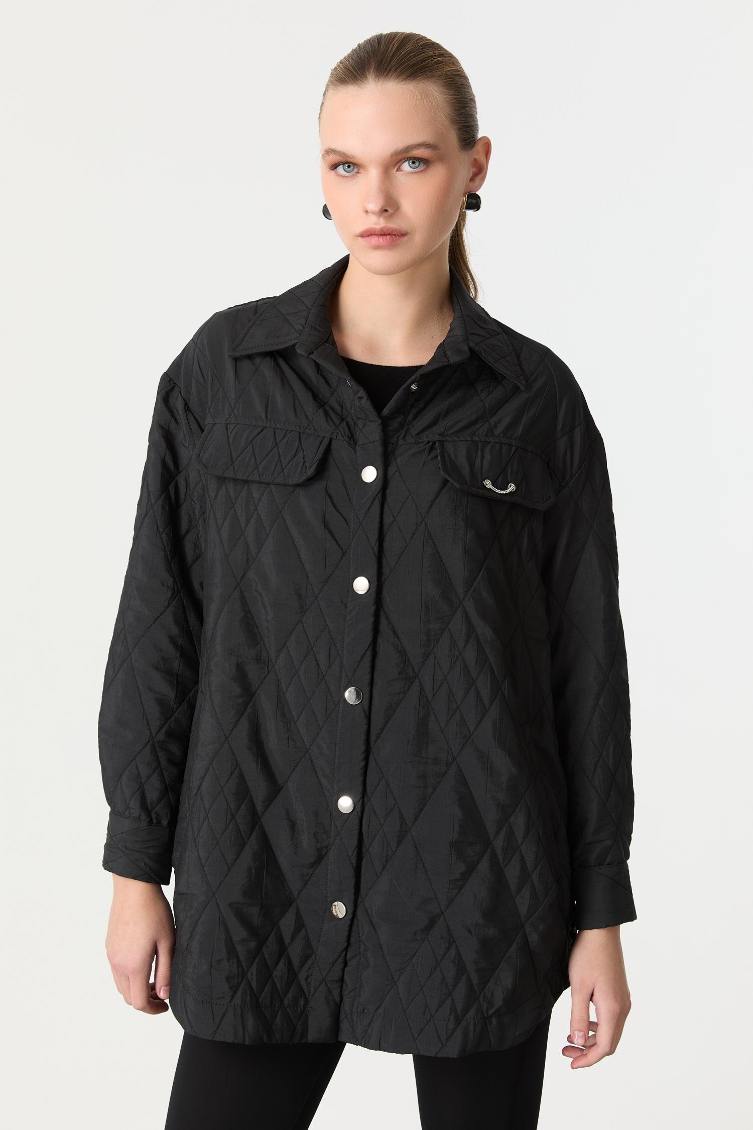 Broş Detaylı Kapitone Tunik Gömlek-SİYAH