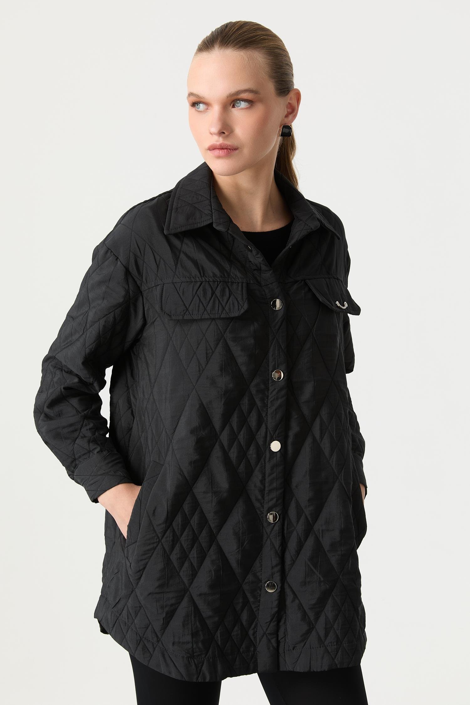 Broş Detaylı Kapitone Tunik Gömlek-SİYAH