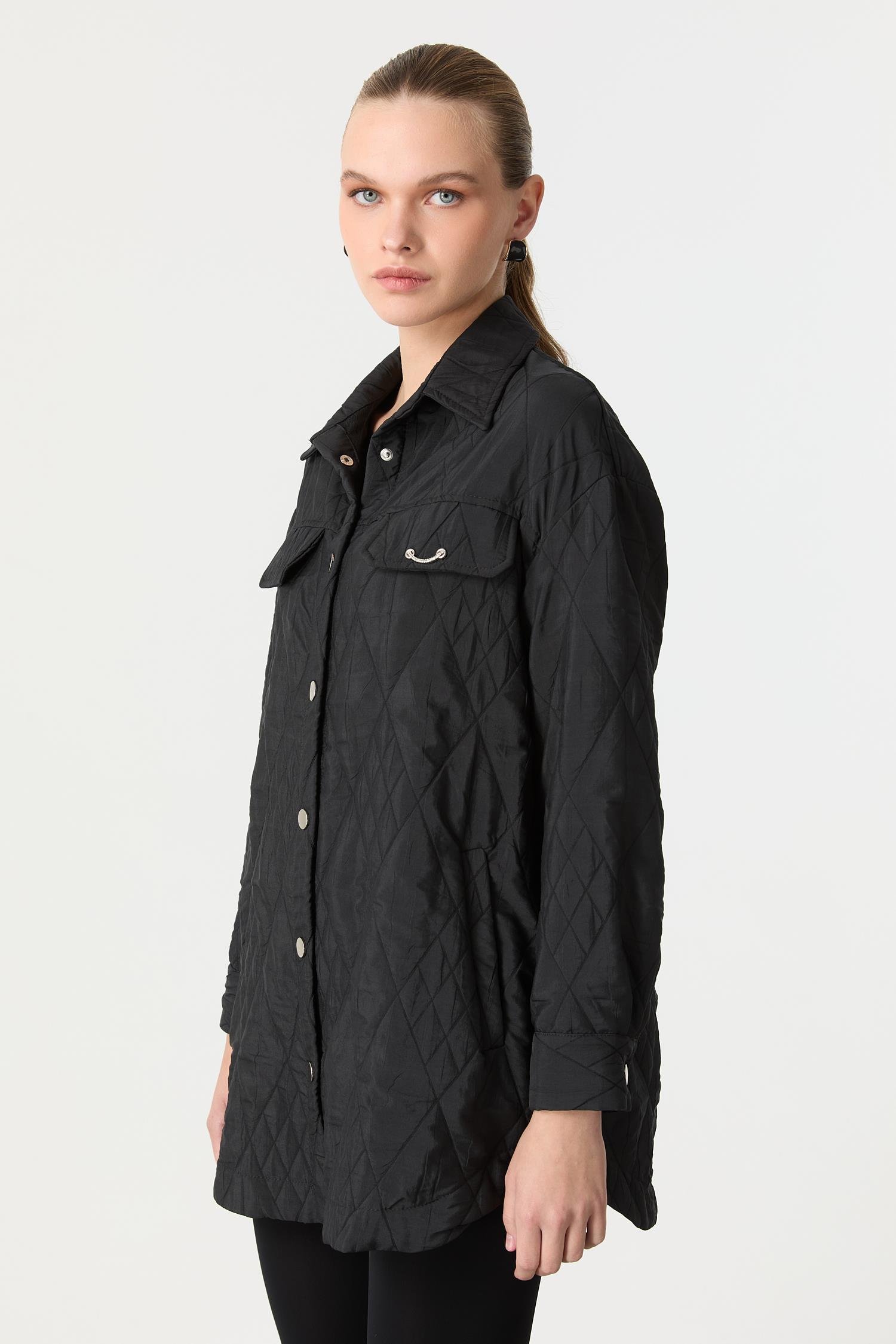 Broş Detaylı Kapitone Tunik Gömlek-SİYAH