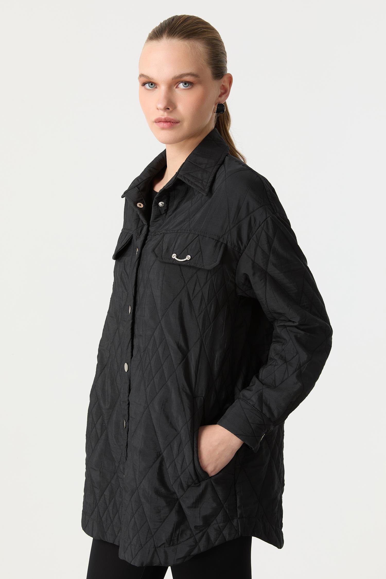 Broş Detaylı Kapitone Tunik Gömlek-SİYAH