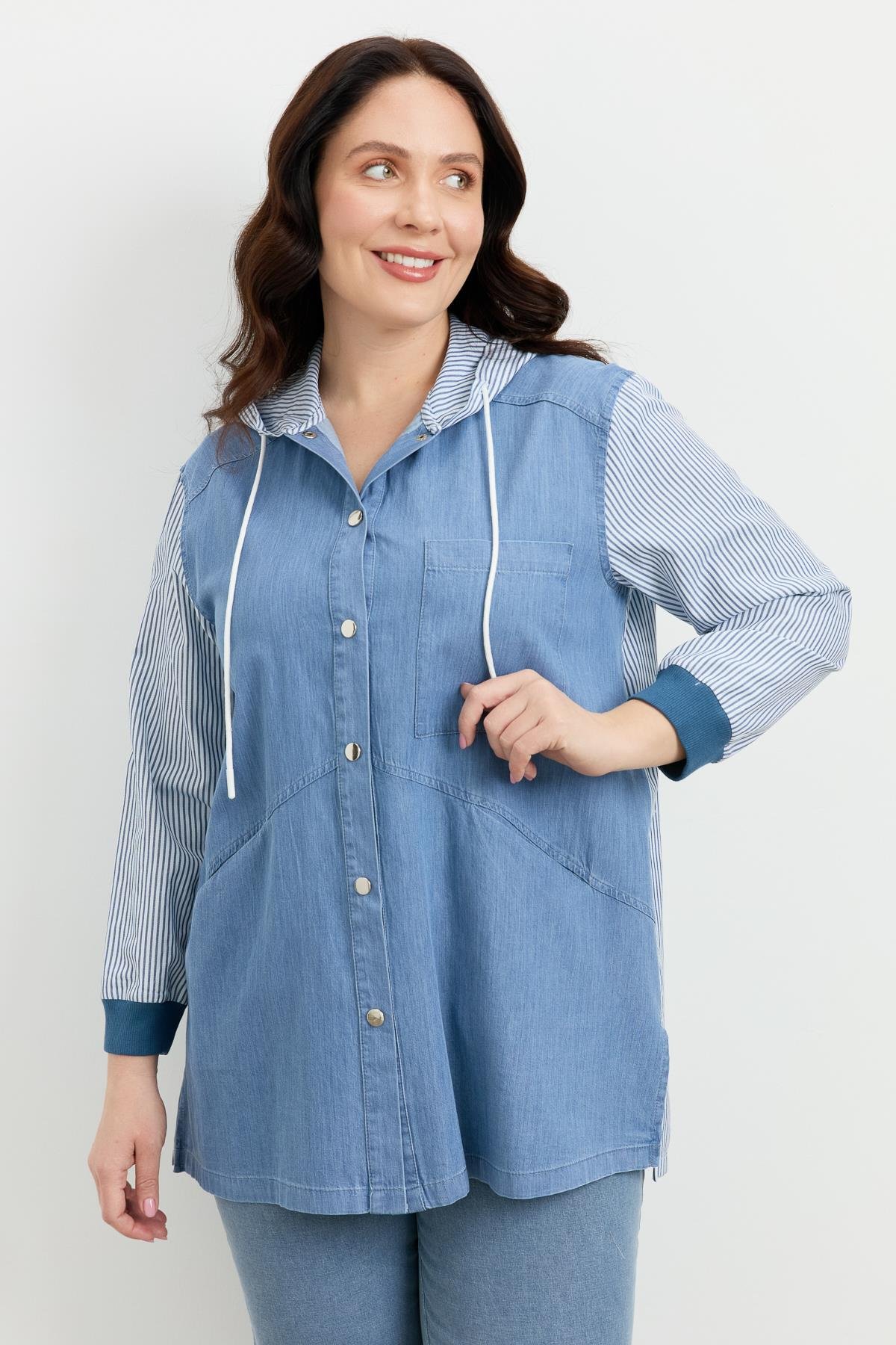 Büyük Beden 3 Cep Kapüşonlu Gömlek-MAVİ