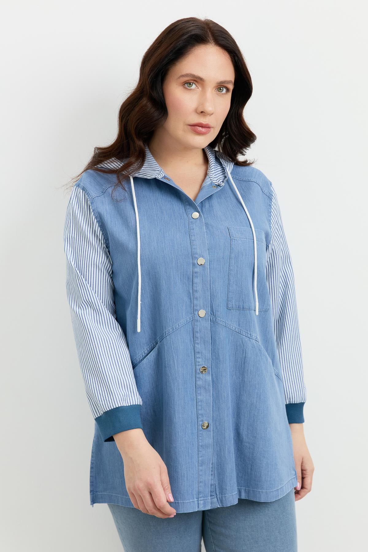 Büyük Beden 3 Cep Kapüşonlu Gömlek-MAVİ