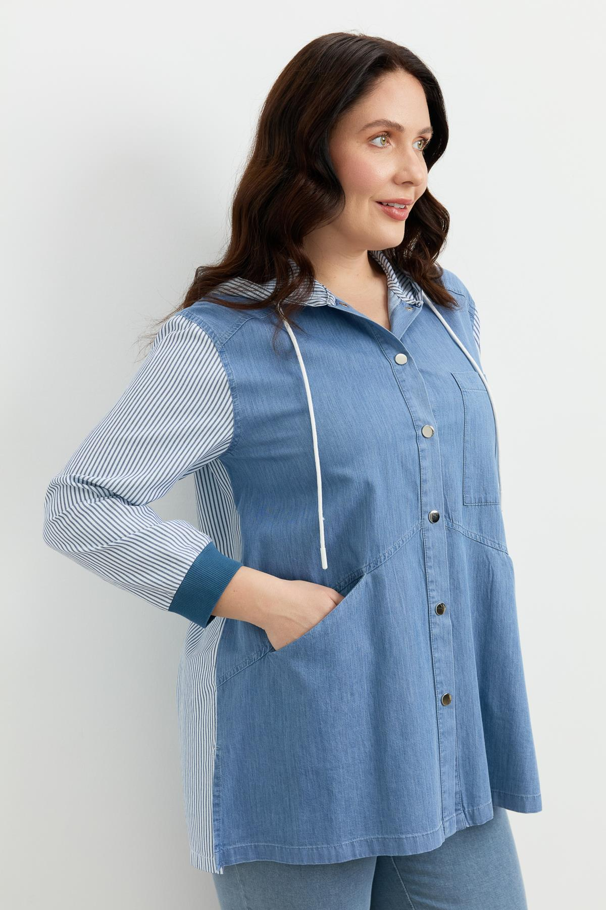 Büyük Beden 3 Cep Kapüşonlu Gömlek-MAVİ