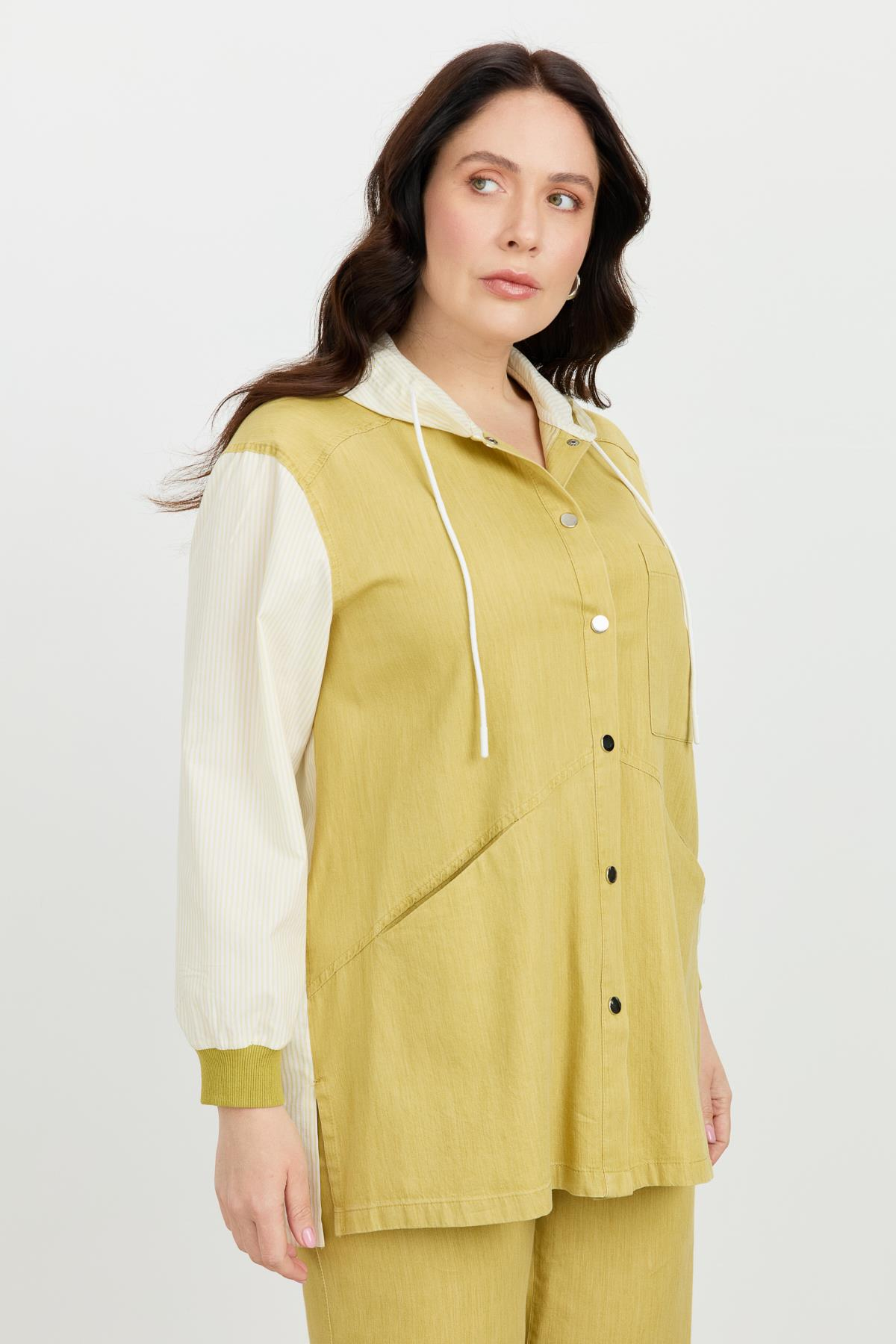 Büyük Beden 3 Cep Kapüşonlu Gömlek-SARI