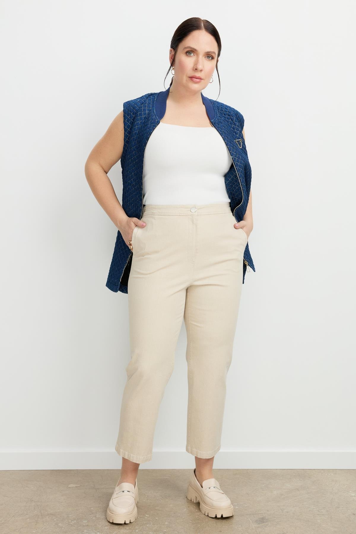 Büyük Beden Arkası Lastik Kot Pantolon-BEJ