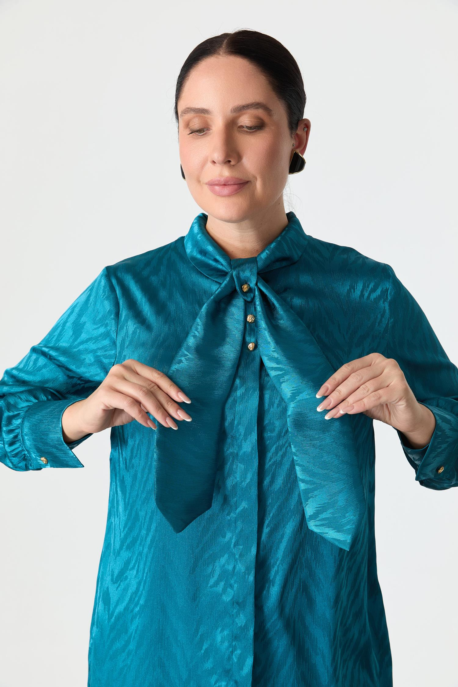 Büyük Beden Bağlama Detaylı Tunik Gömlek-PETROL