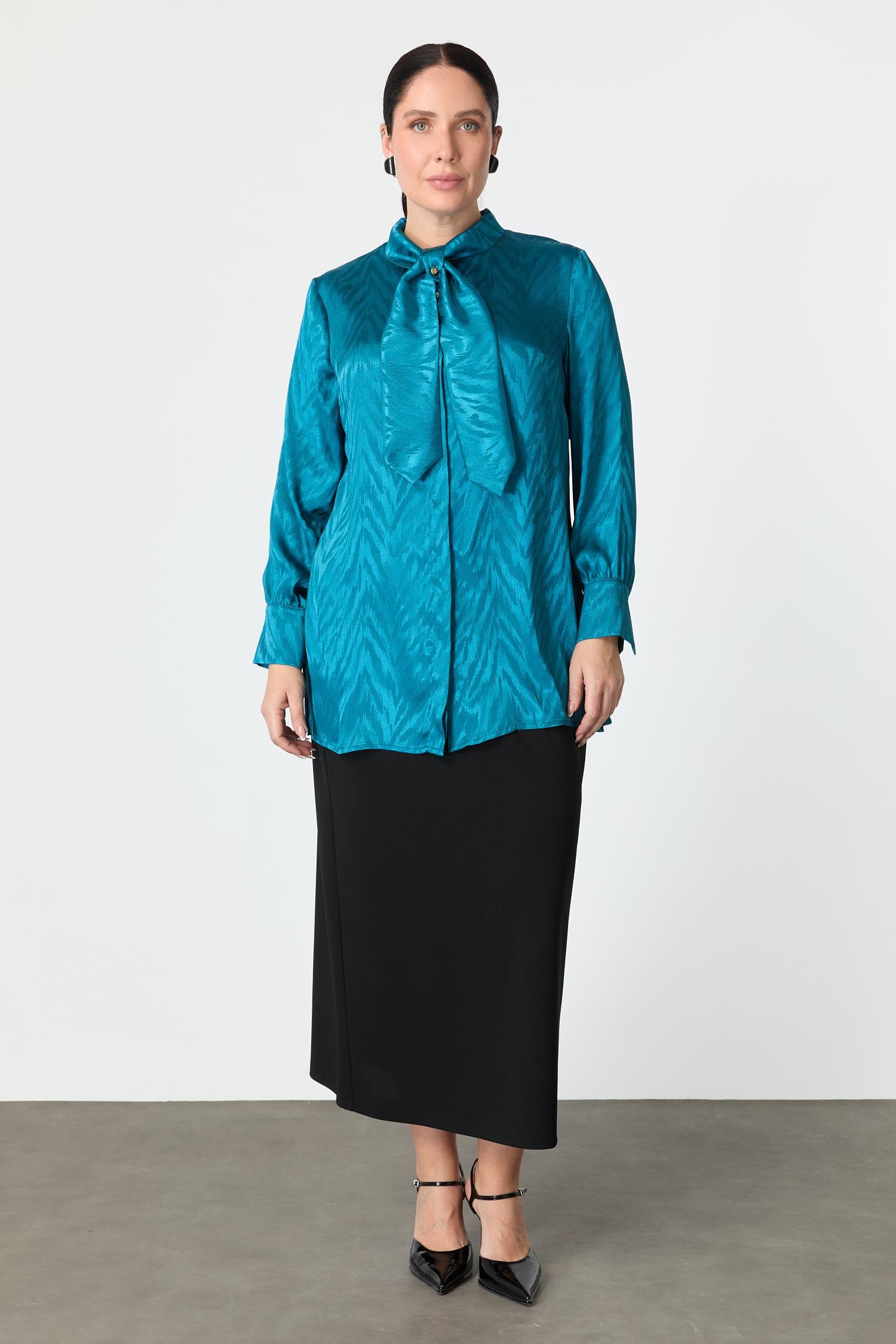 Büyük Beden Bağlama Detaylı Tunik Gömlek-PETROL