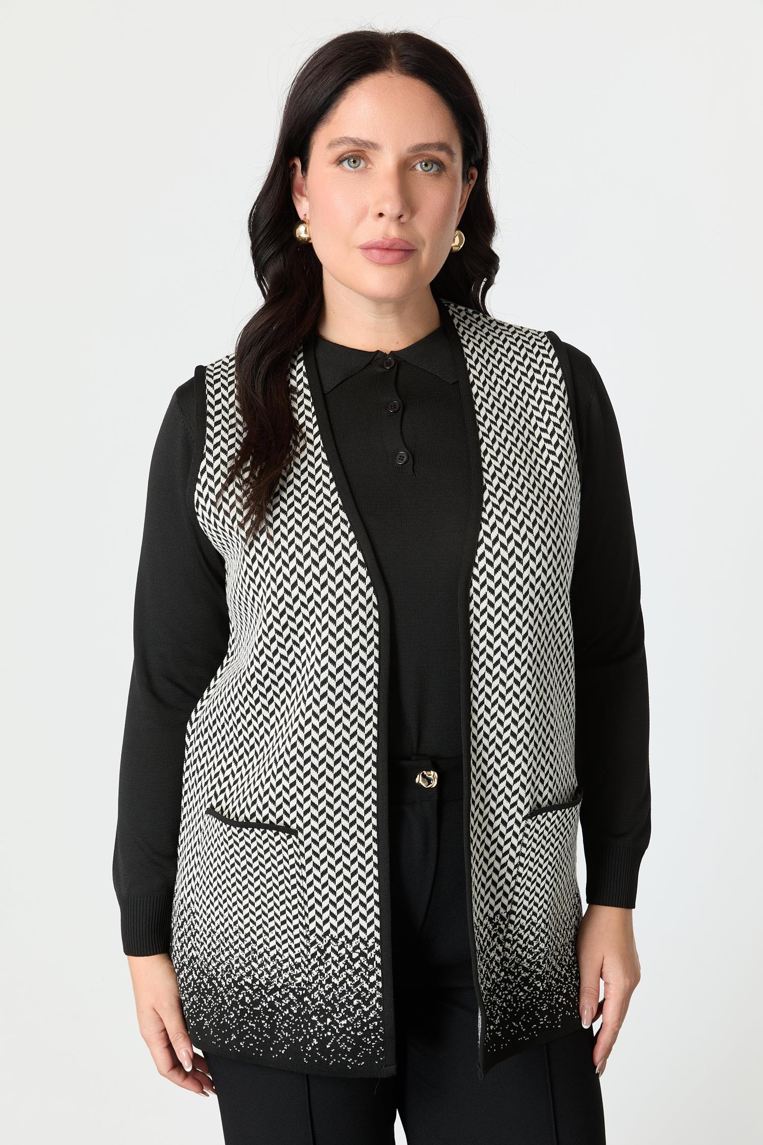 Büyük Beden Başak Desenli Triko Yelek-SİYAH