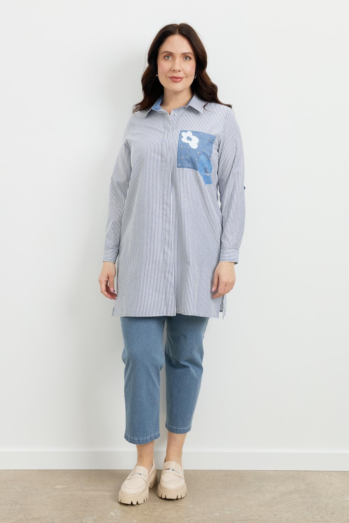 Büyük Beden Baskı Detay Gömlek Tunik-MAVİ