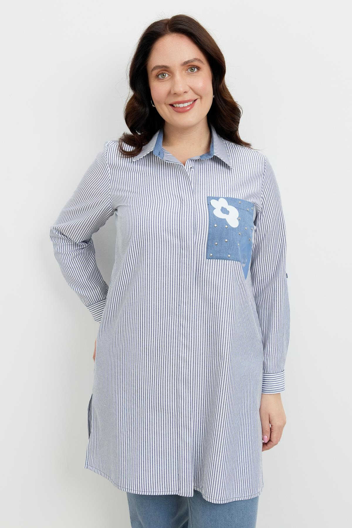 Büyük Beden Baskı Detay Gömlek Tunik-MAVİ