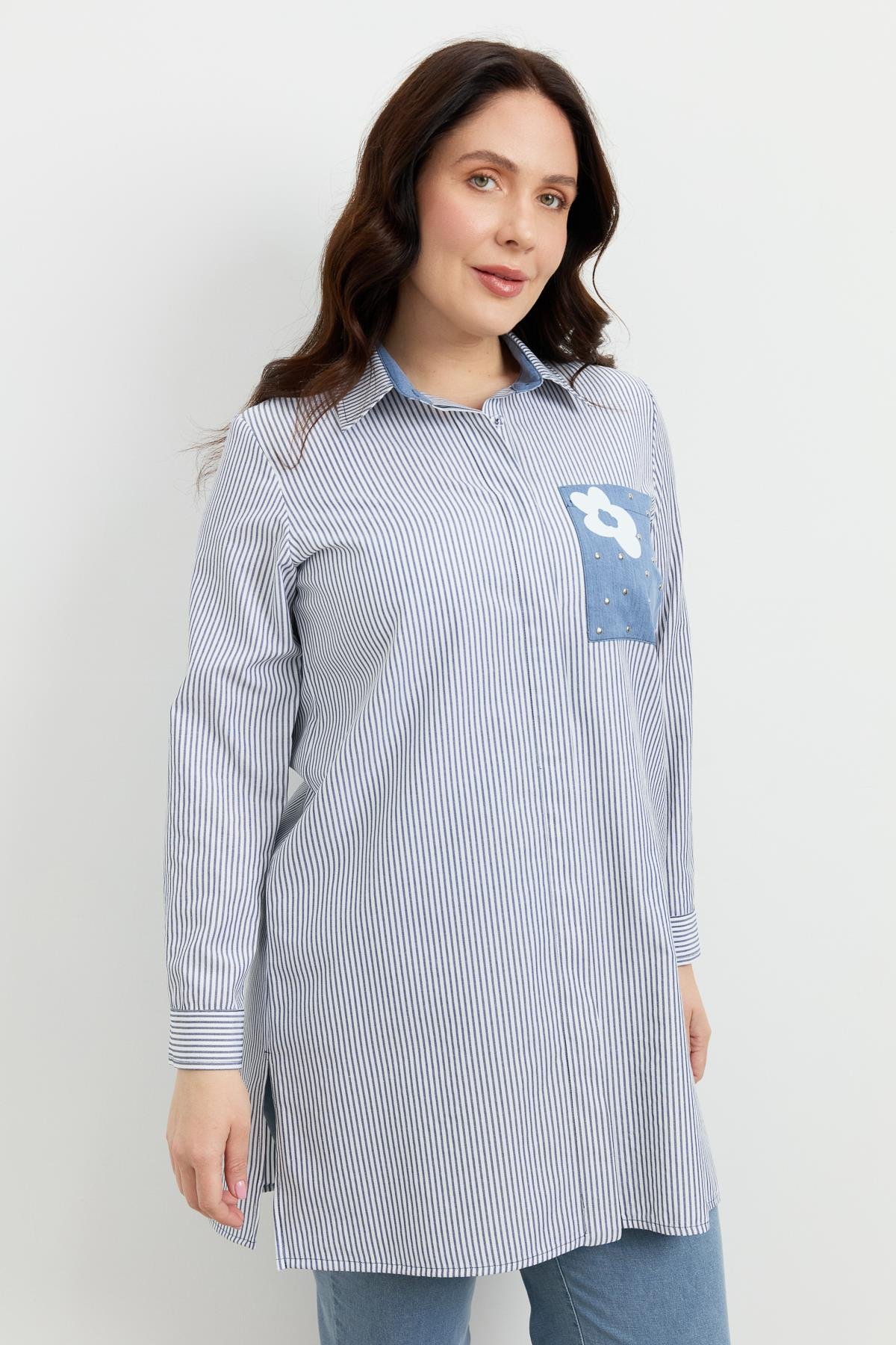 Büyük Beden Baskı Detay Gömlek Tunik-MAVİ