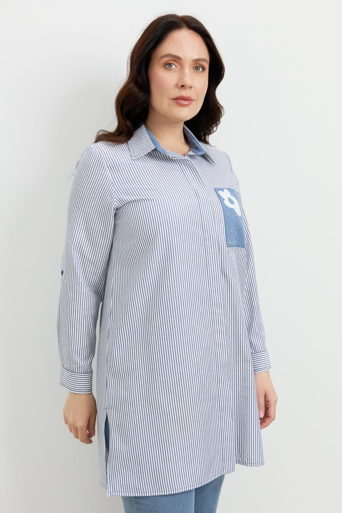 Büyük Beden Baskı Detay Gömlek Tunik-MAVİ