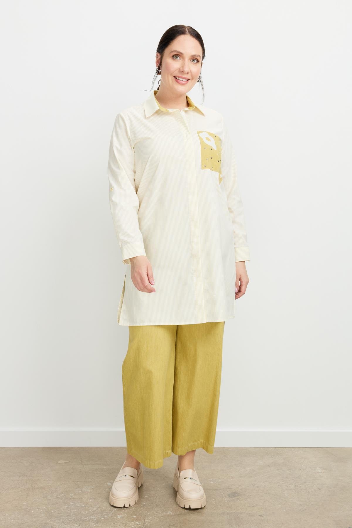 Büyük Beden Baskı Detay Gömlek Tunik-SARI