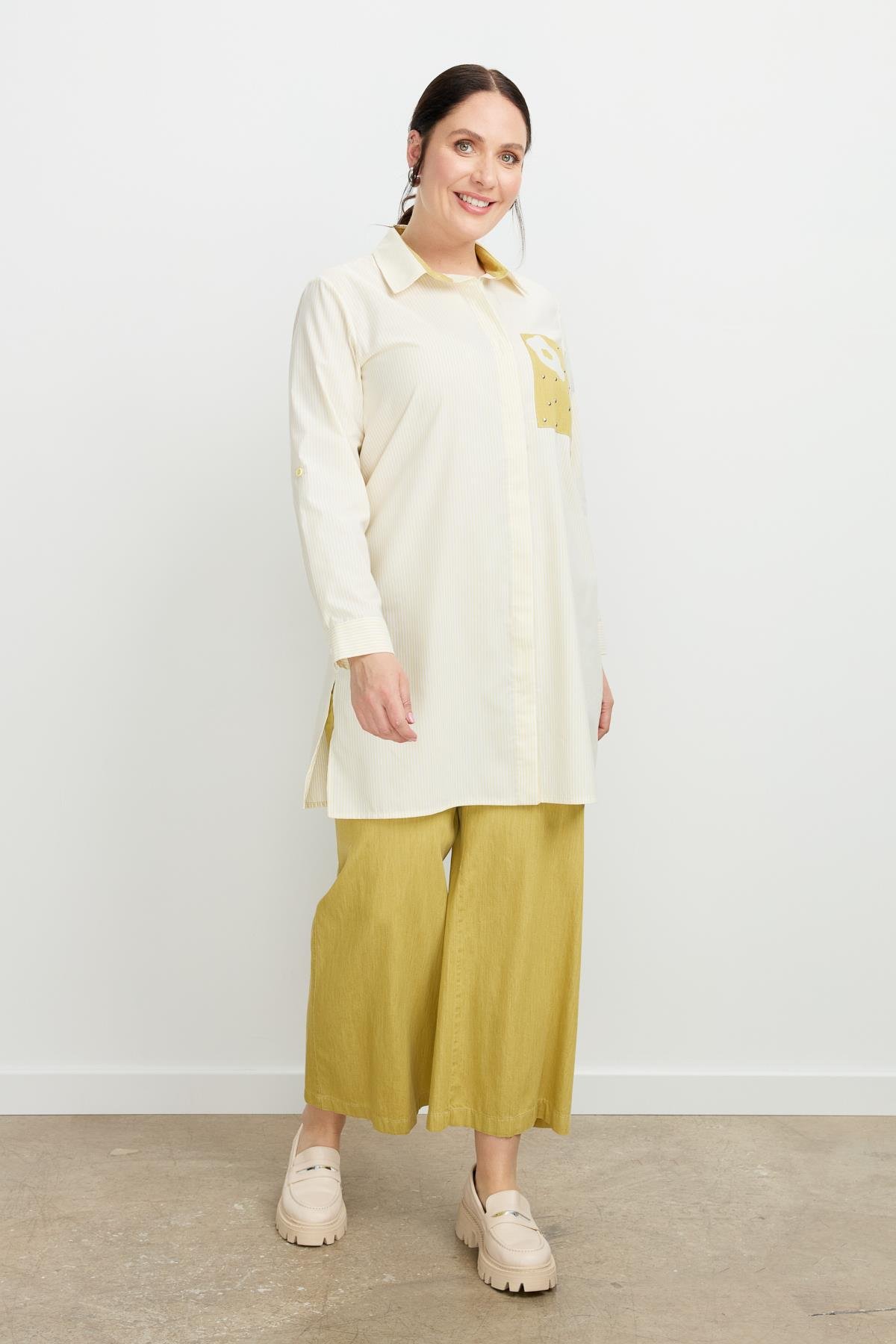 Büyük Beden Baskı Detay Gömlek Tunik-SARI