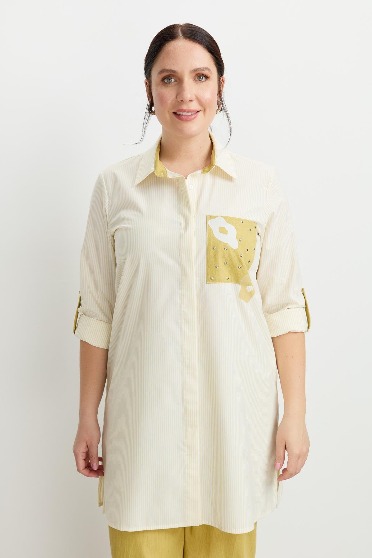 Büyük Beden Baskı Detay Gömlek Tunik-SARI