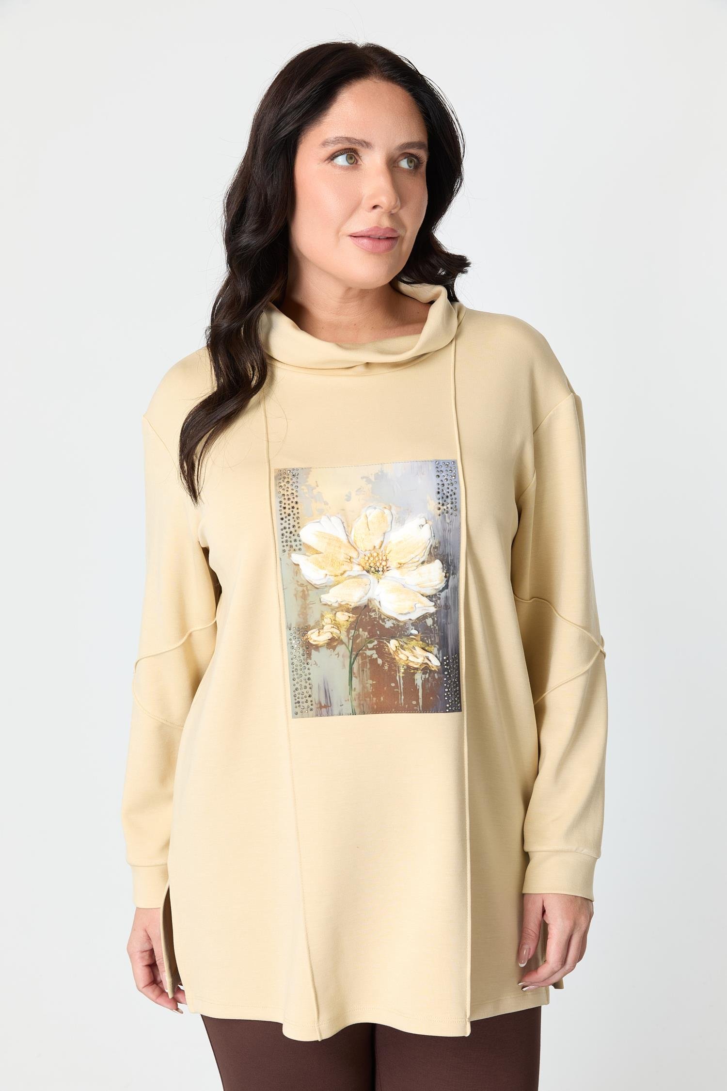 Büyük Beden Baskı Detaylı Bluz-BEJ