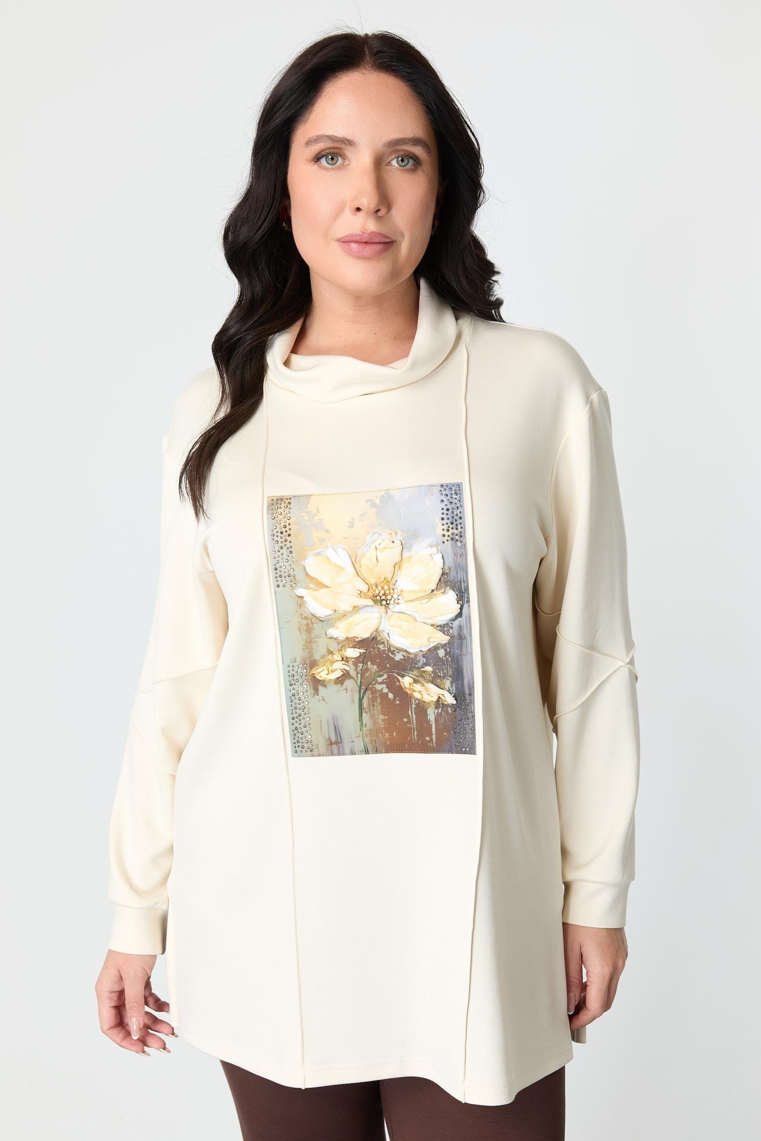 Büyük Beden Baskı Detaylı Bluz-EKRU