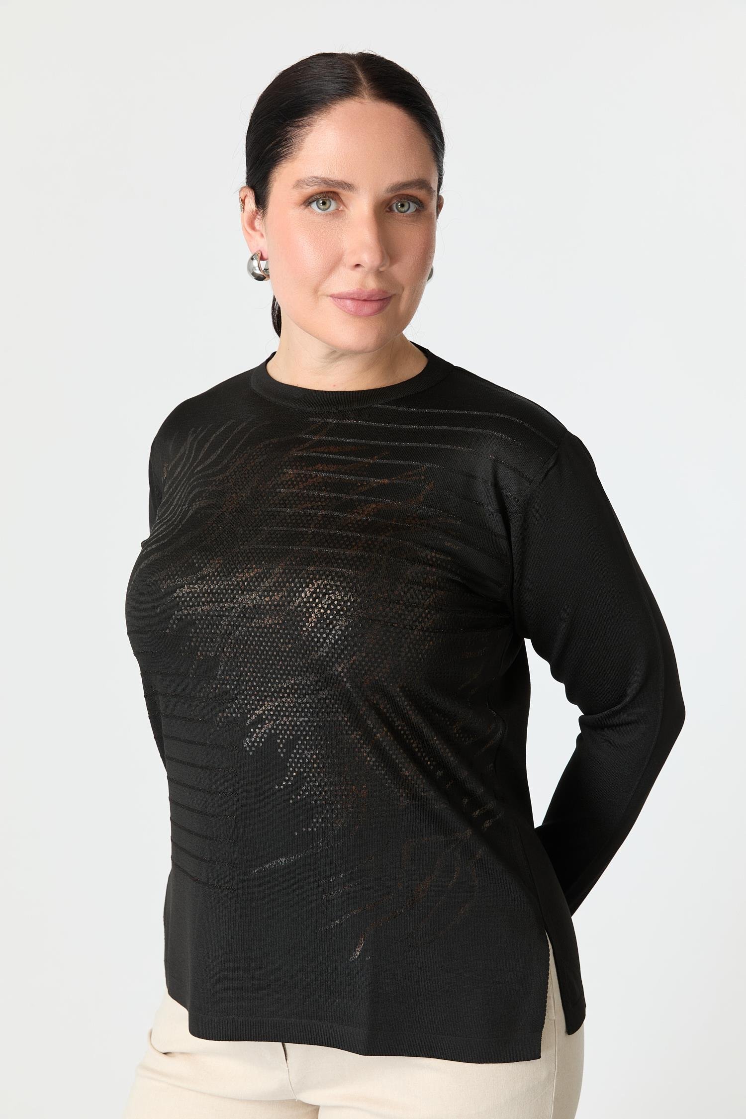 Büyük Beden Baskılı Triko Kazak-SİYAH