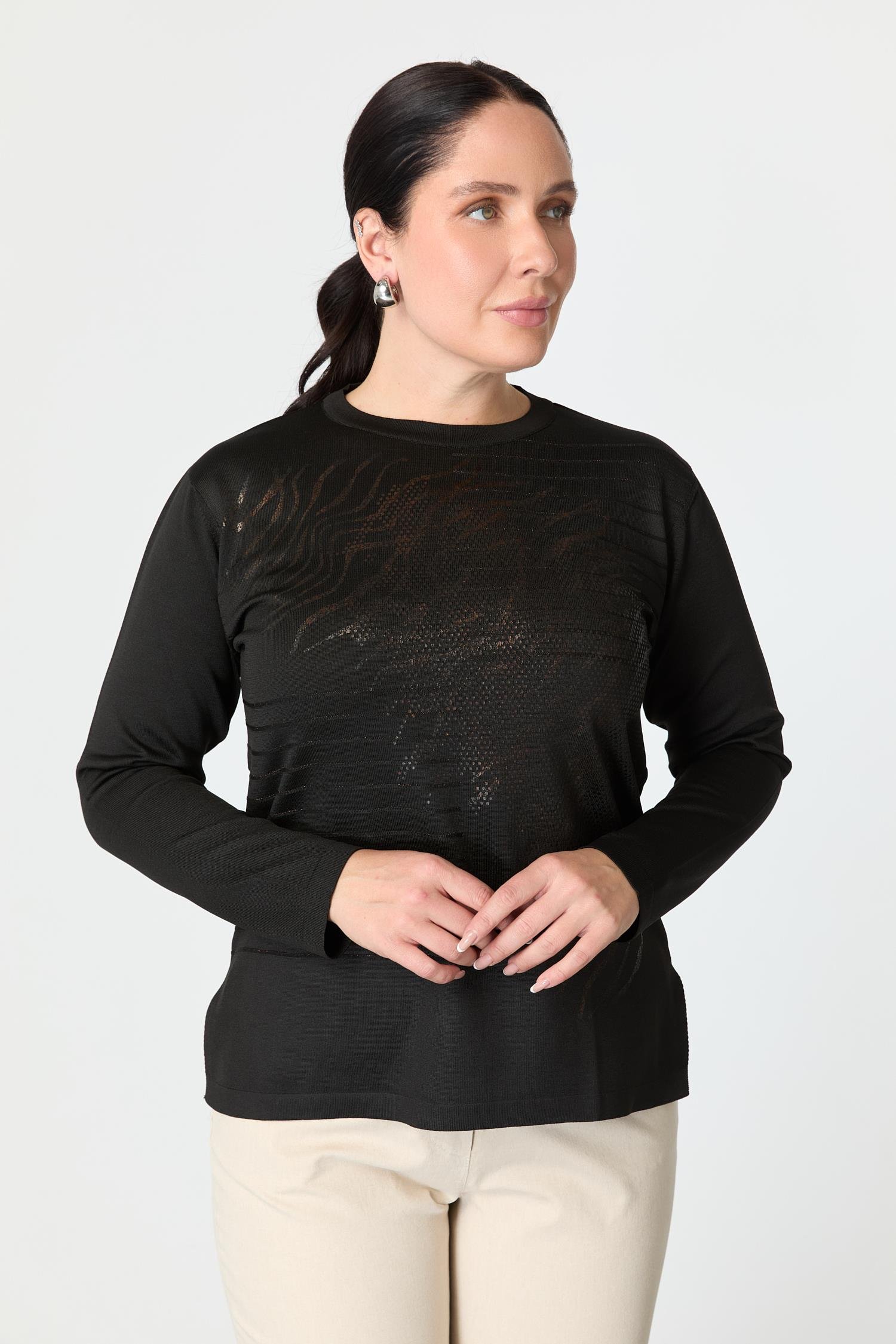 Büyük Beden Baskılı Triko Kazak-SİYAH