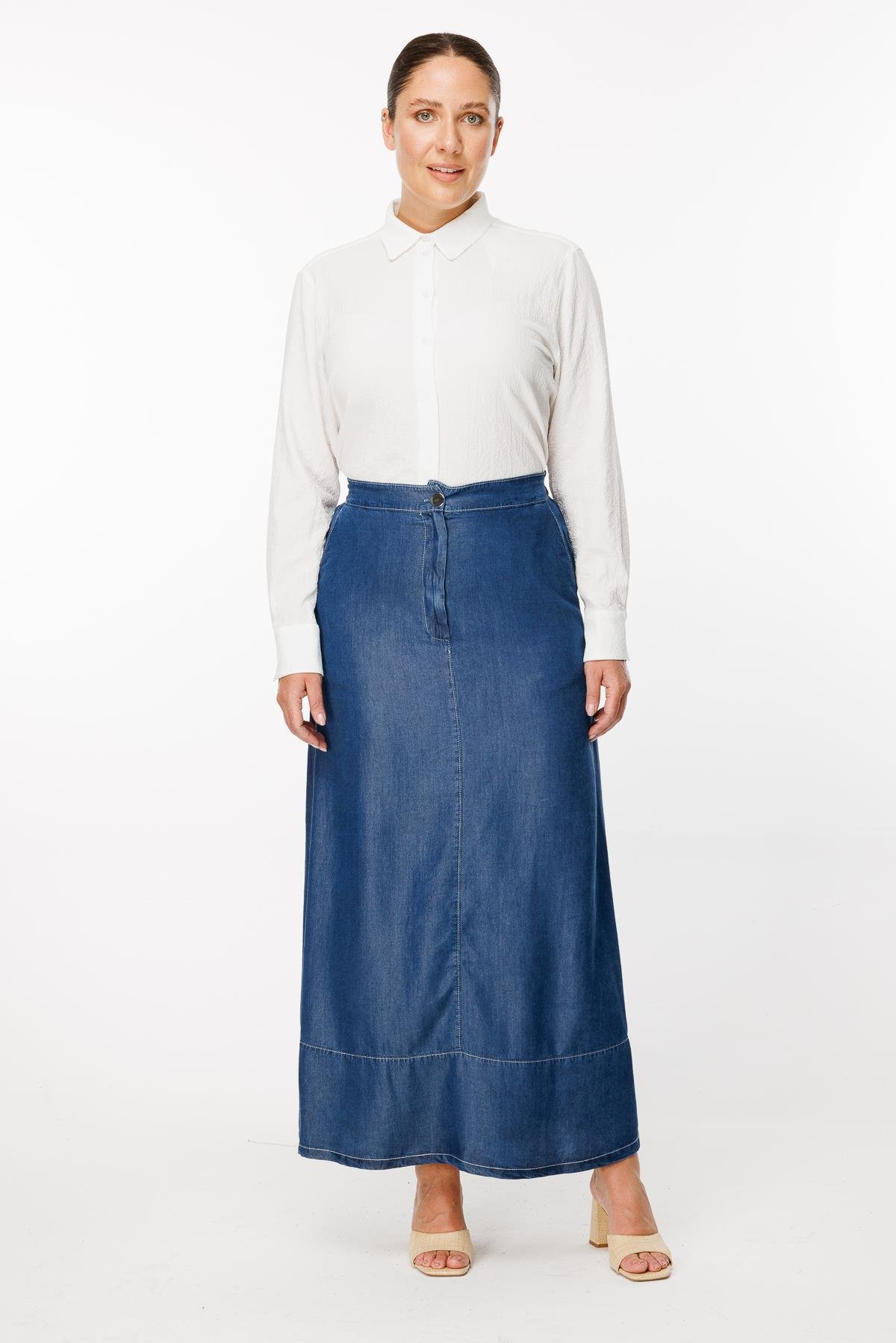 Büyük Beden Beli Lastikli Kot Etek - K.MAVI