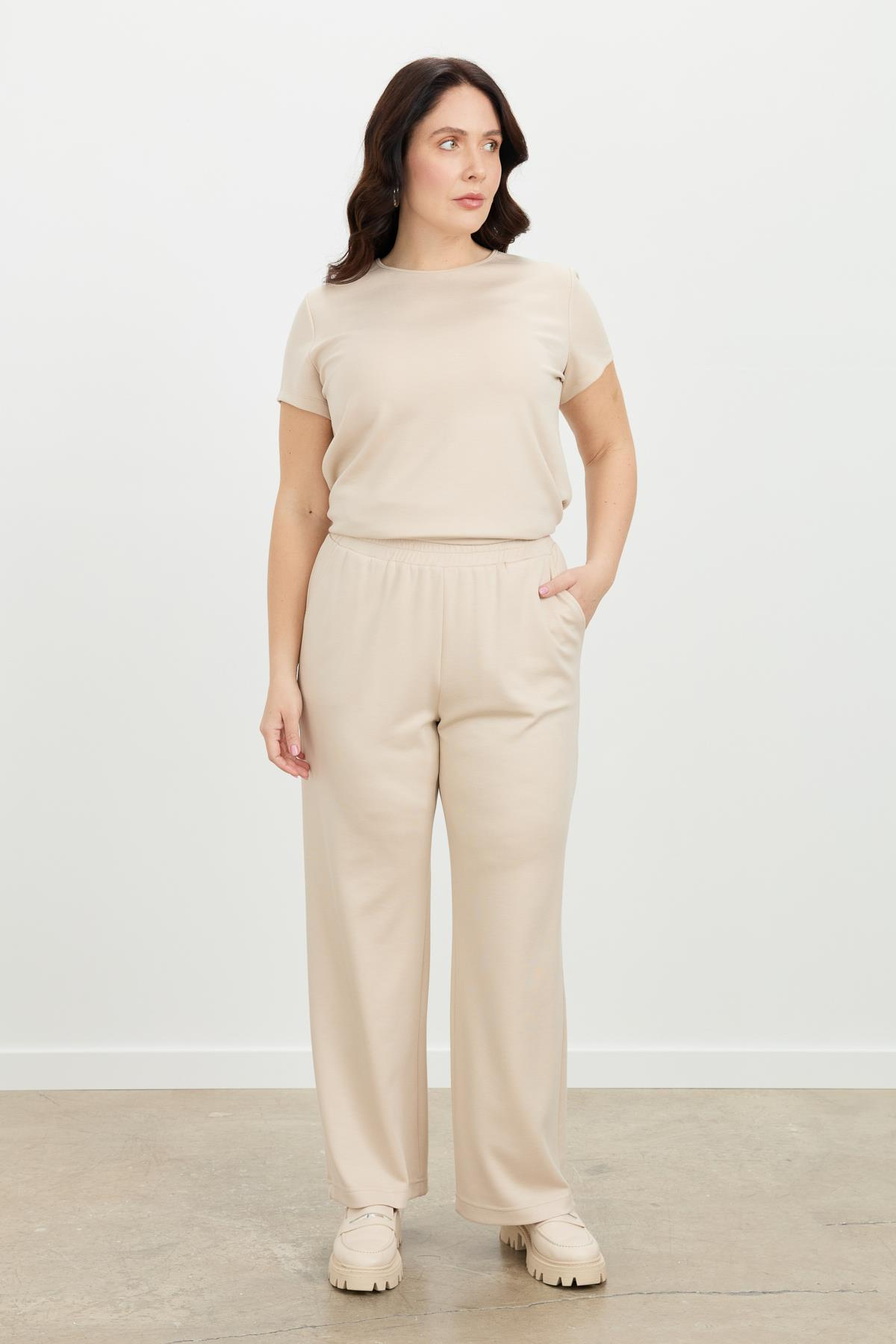 Büyük Beden Bol Paça Eşofman Pantolon-BEJ