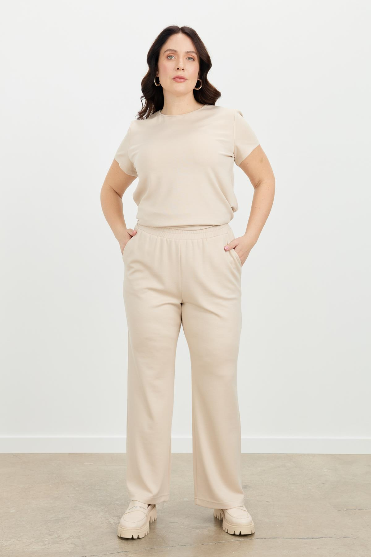 Büyük Beden Bol Paça Eşofman Pantolon-BEJ