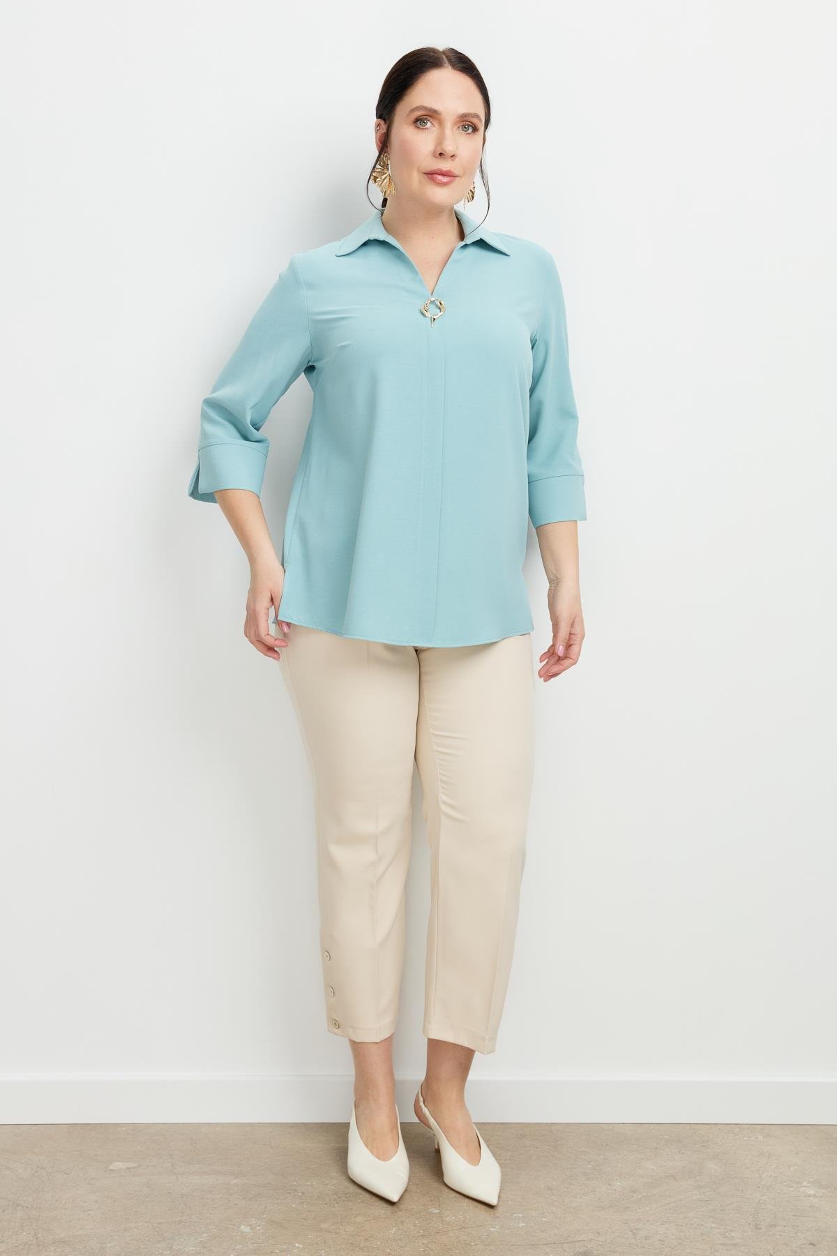 Büyük Beden Broş Detaylı Gömlek-MINT