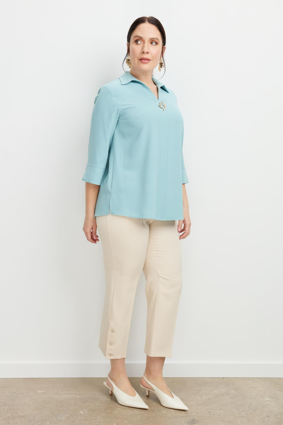 Büyük Beden Broş Detaylı Gömlek-MINT