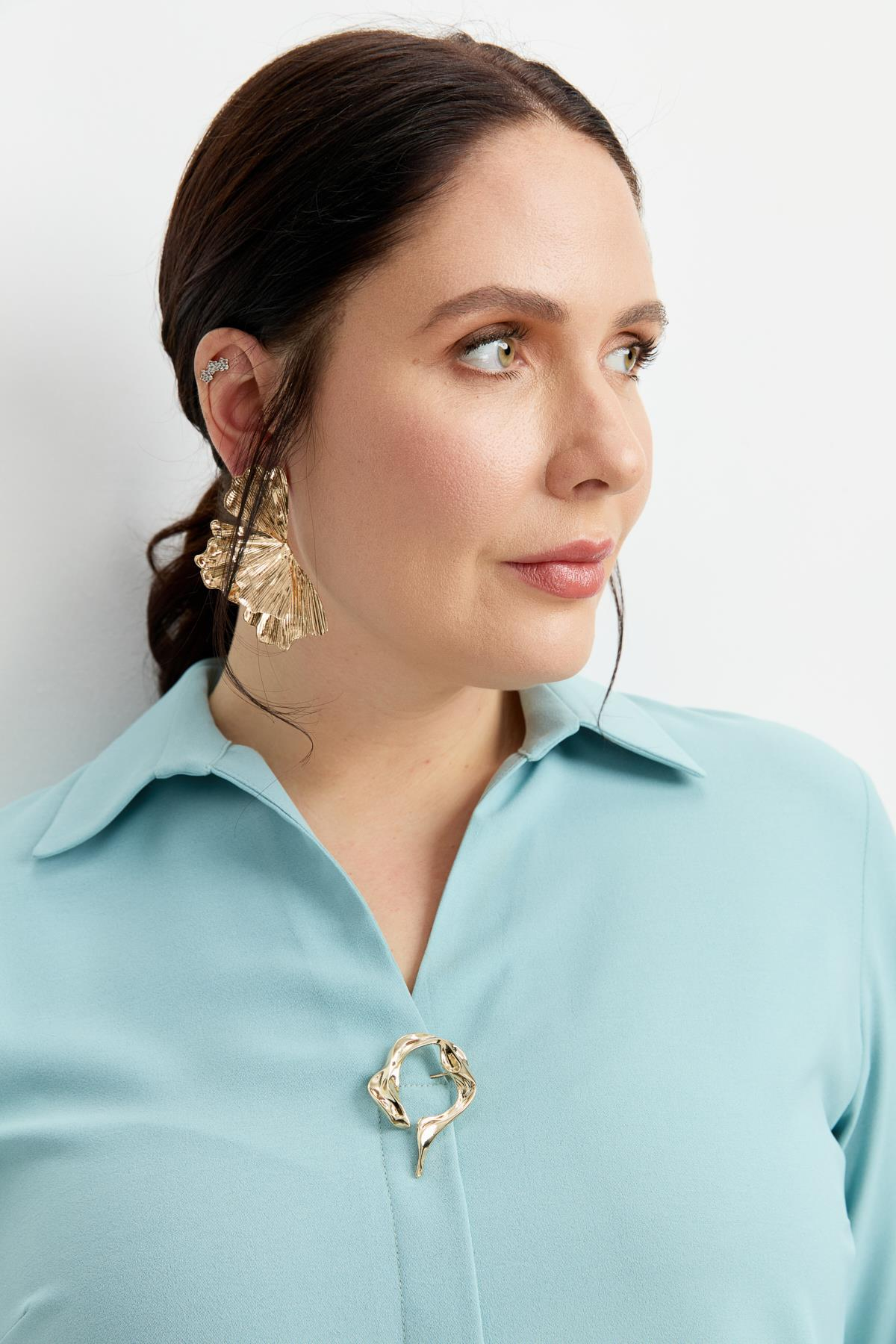 Büyük Beden Broş Detaylı Gömlek-MINT