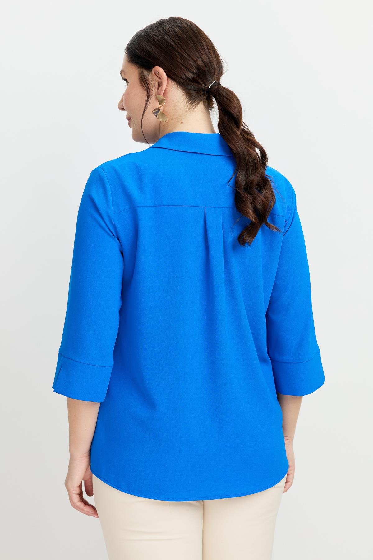 Büyük Beden Broş Detaylı Gömlek-SAX