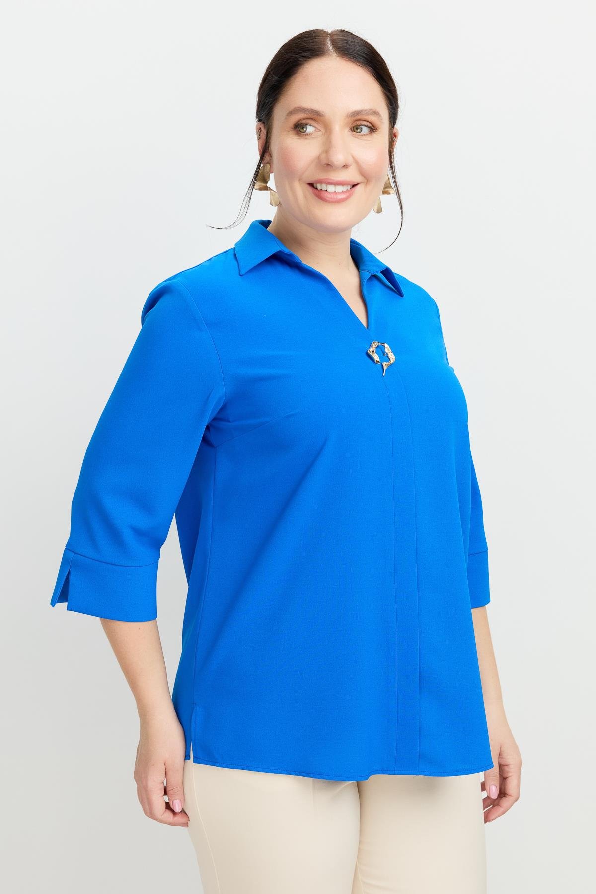 Büyük Beden Broş Detaylı Gömlek-SAX