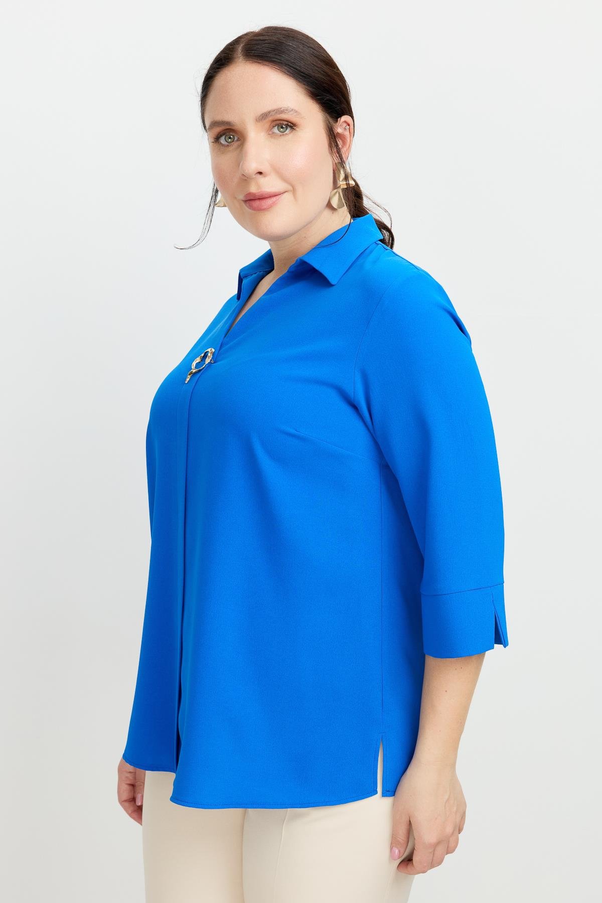 Büyük Beden Broş Detaylı Gömlek-SAX