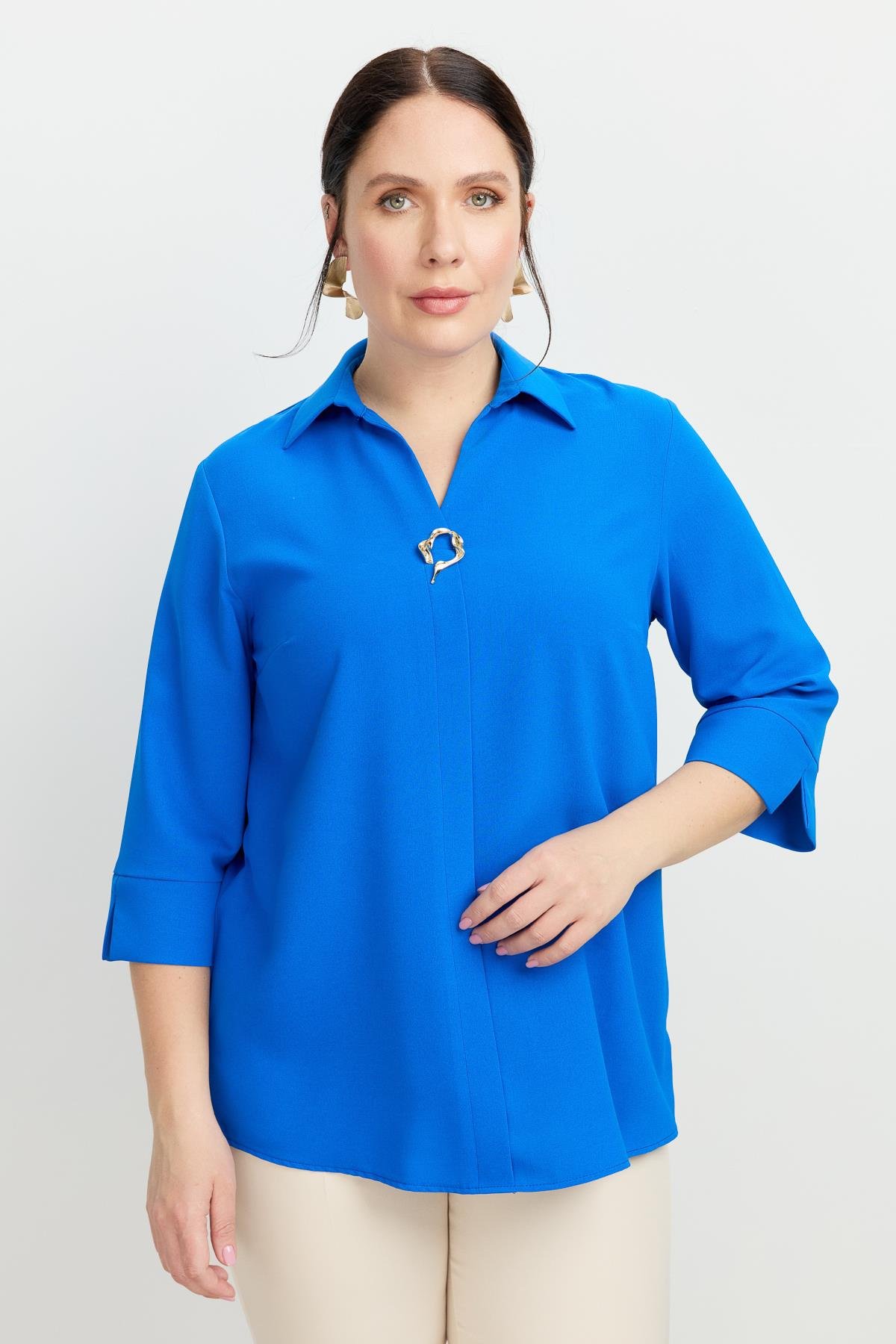 Büyük Beden Broş Detaylı Gömlek-SAX