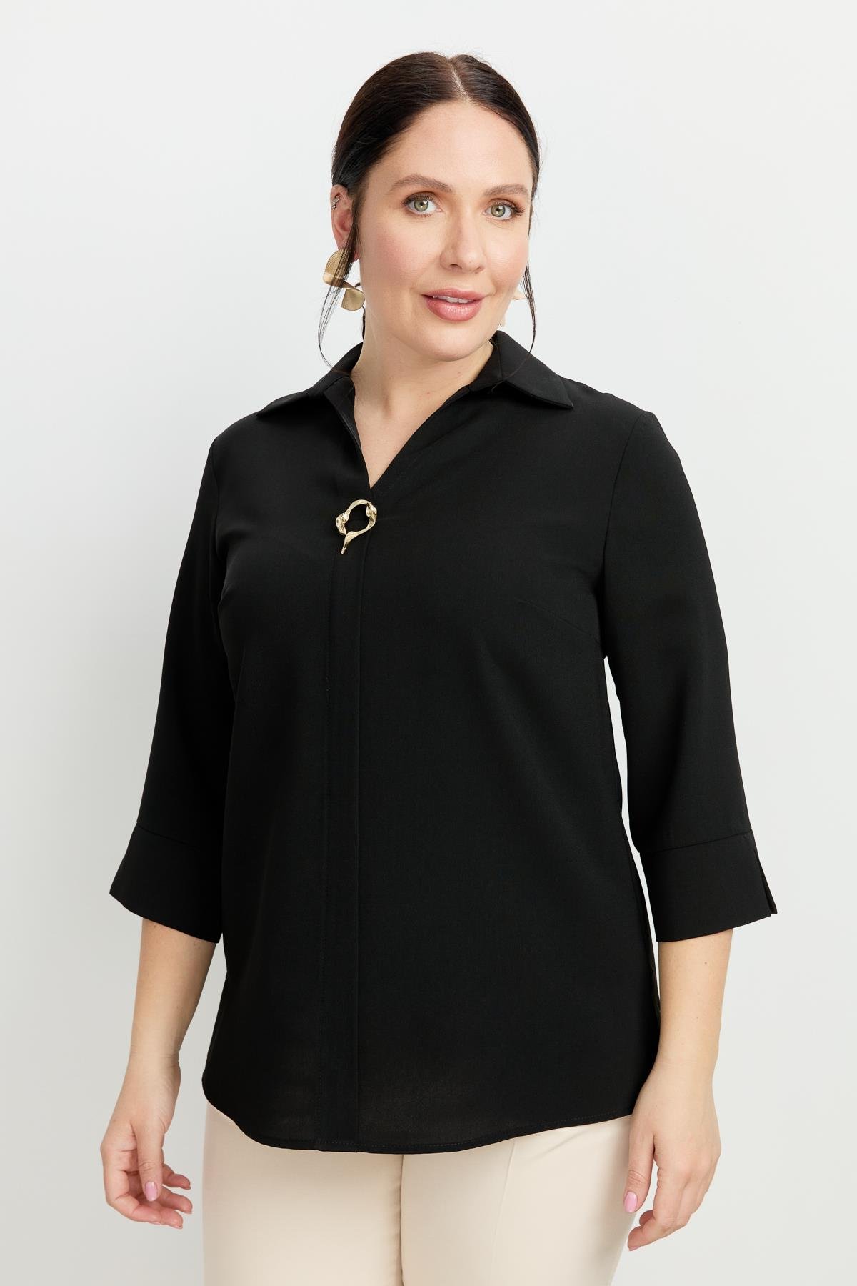 Büyük Beden Broş Detaylı Gömlek-SİYAH