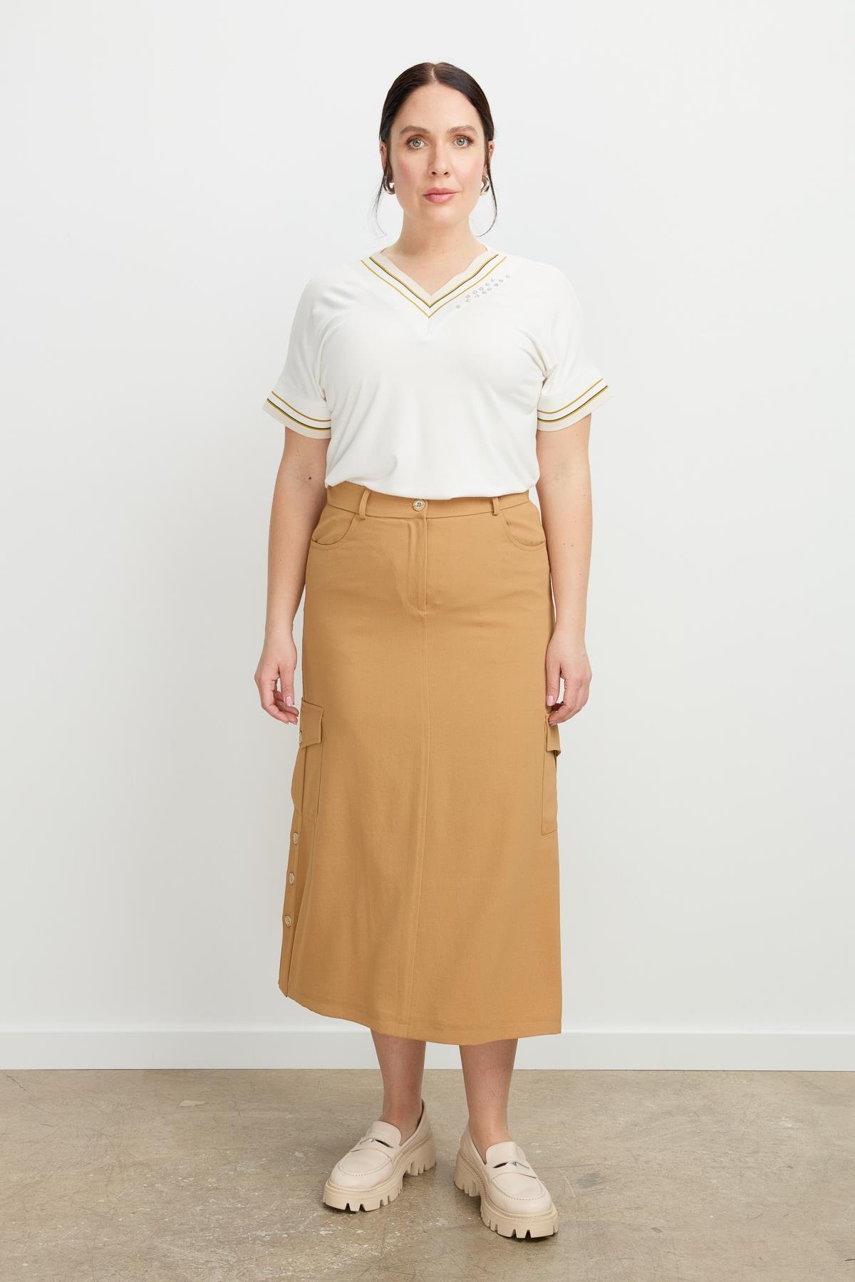 Büyük Beden Cep Detay Etek-CAMEL