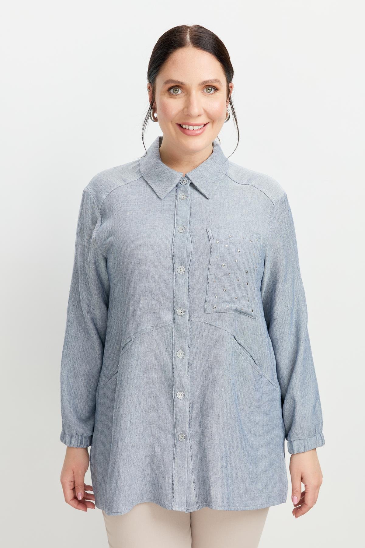 Büyük Beden Cep Detay Gömlek-MAVİ