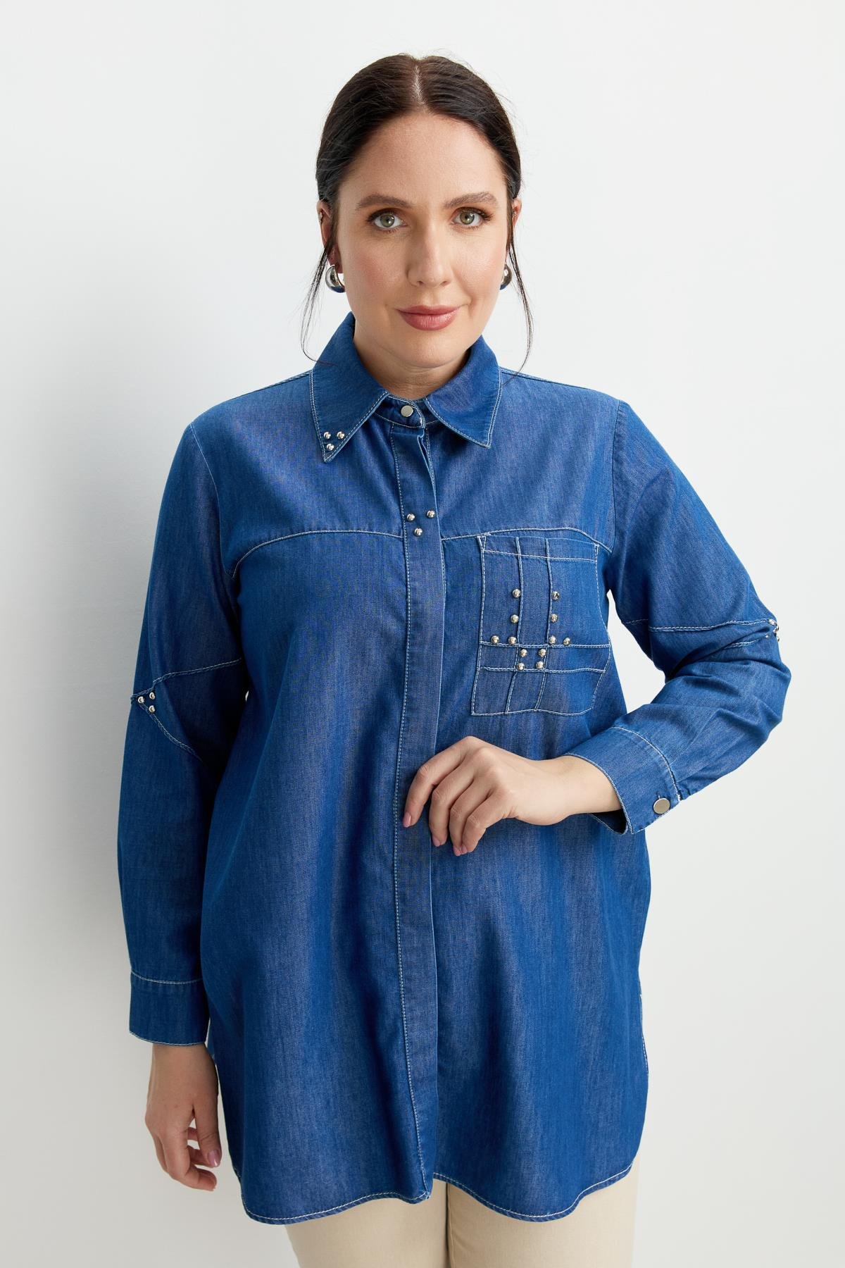 Büyük Beden Cep Detay Kot Tunik-LACI