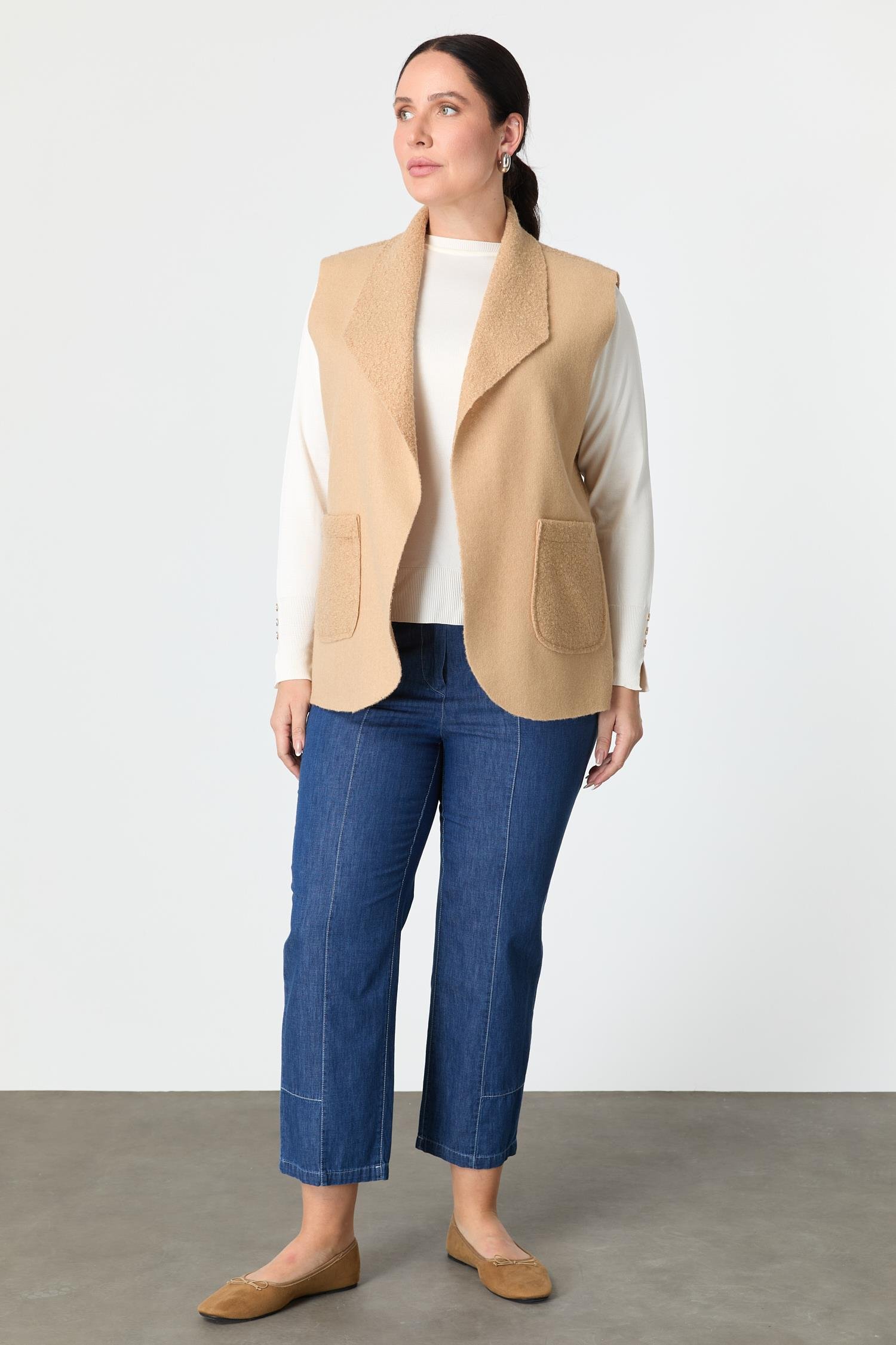 Büyük Beden Cep Detaylı Buklet Yelek-CAMEL