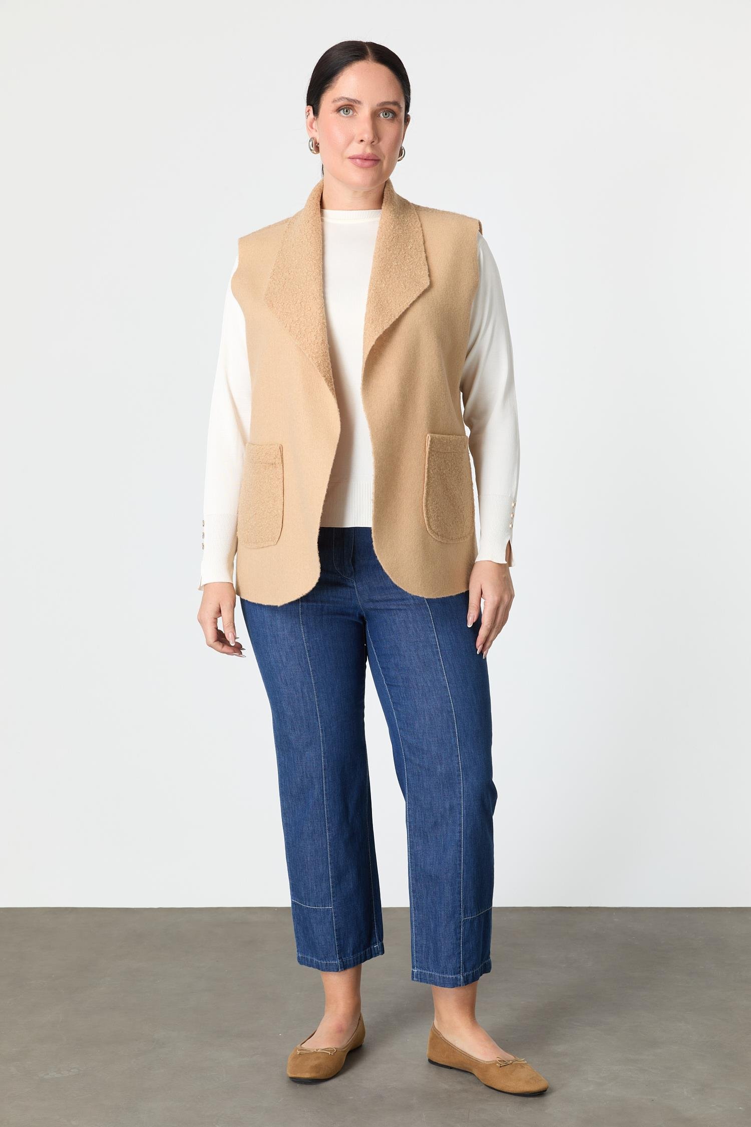 Büyük Beden Cep Detaylı Buklet Yelek-CAMEL