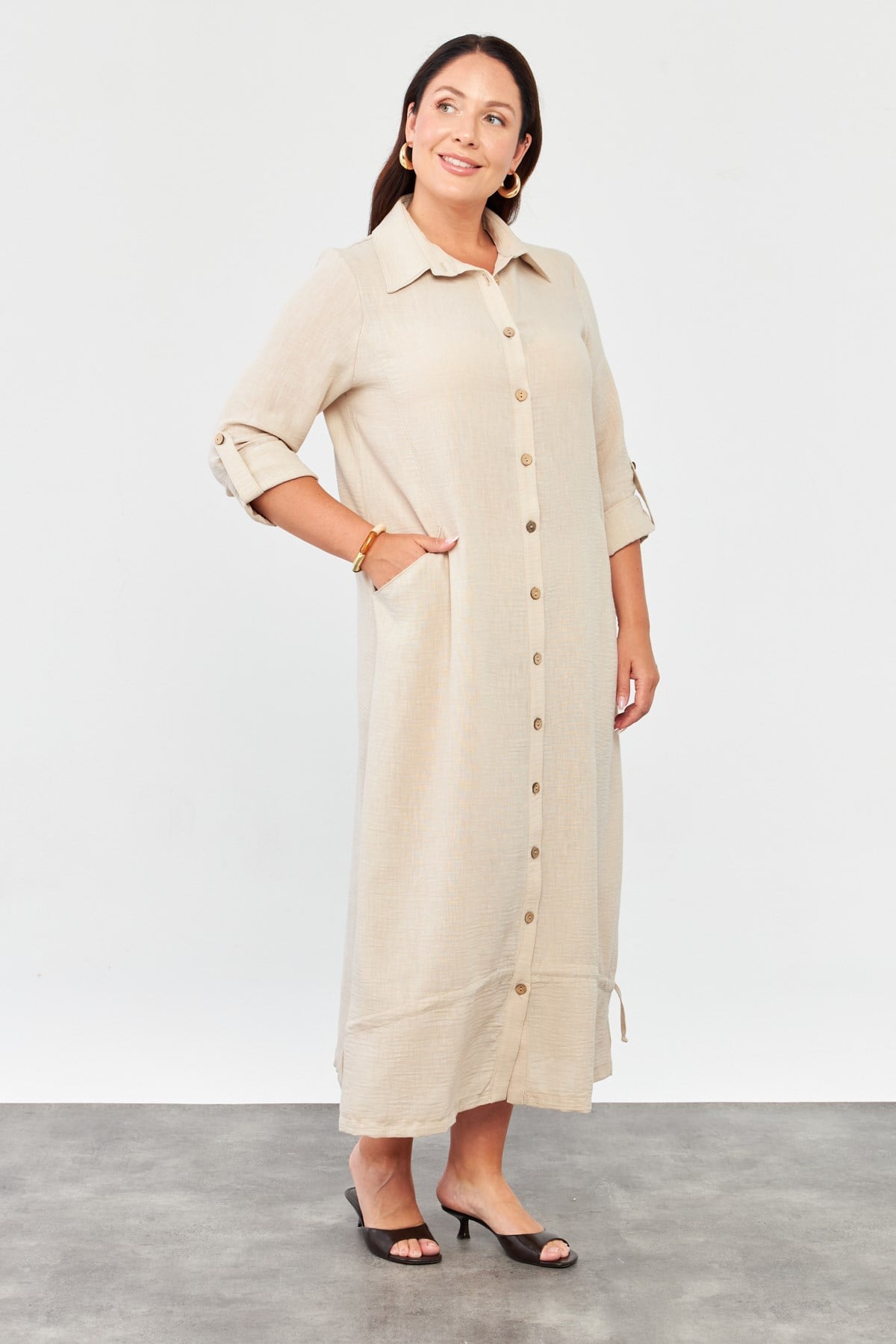Büyük Beden Cep Detaylı Elbise-BEJ