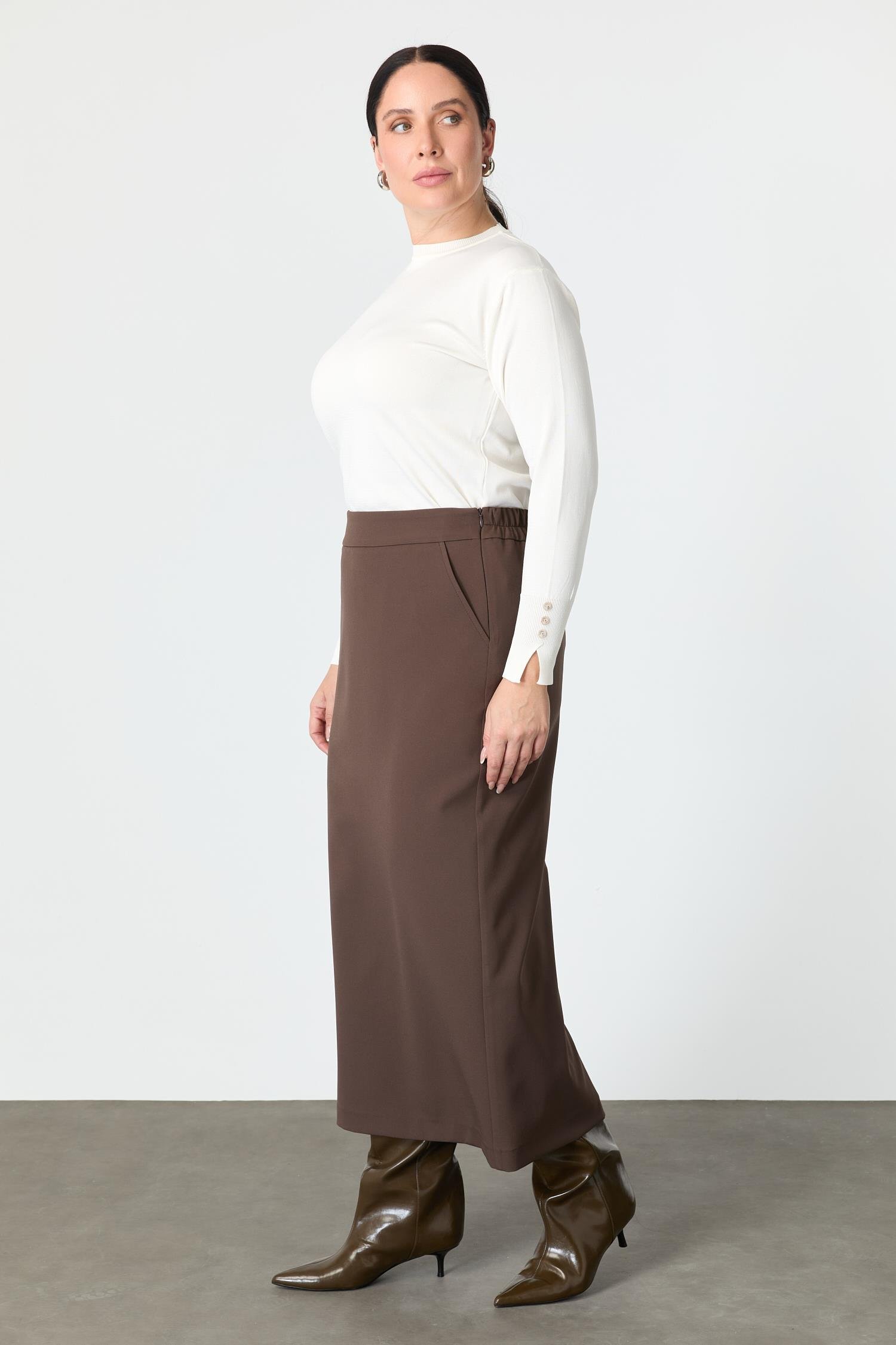 Büyük Beden Cep Detaylı Etek-KAHVE