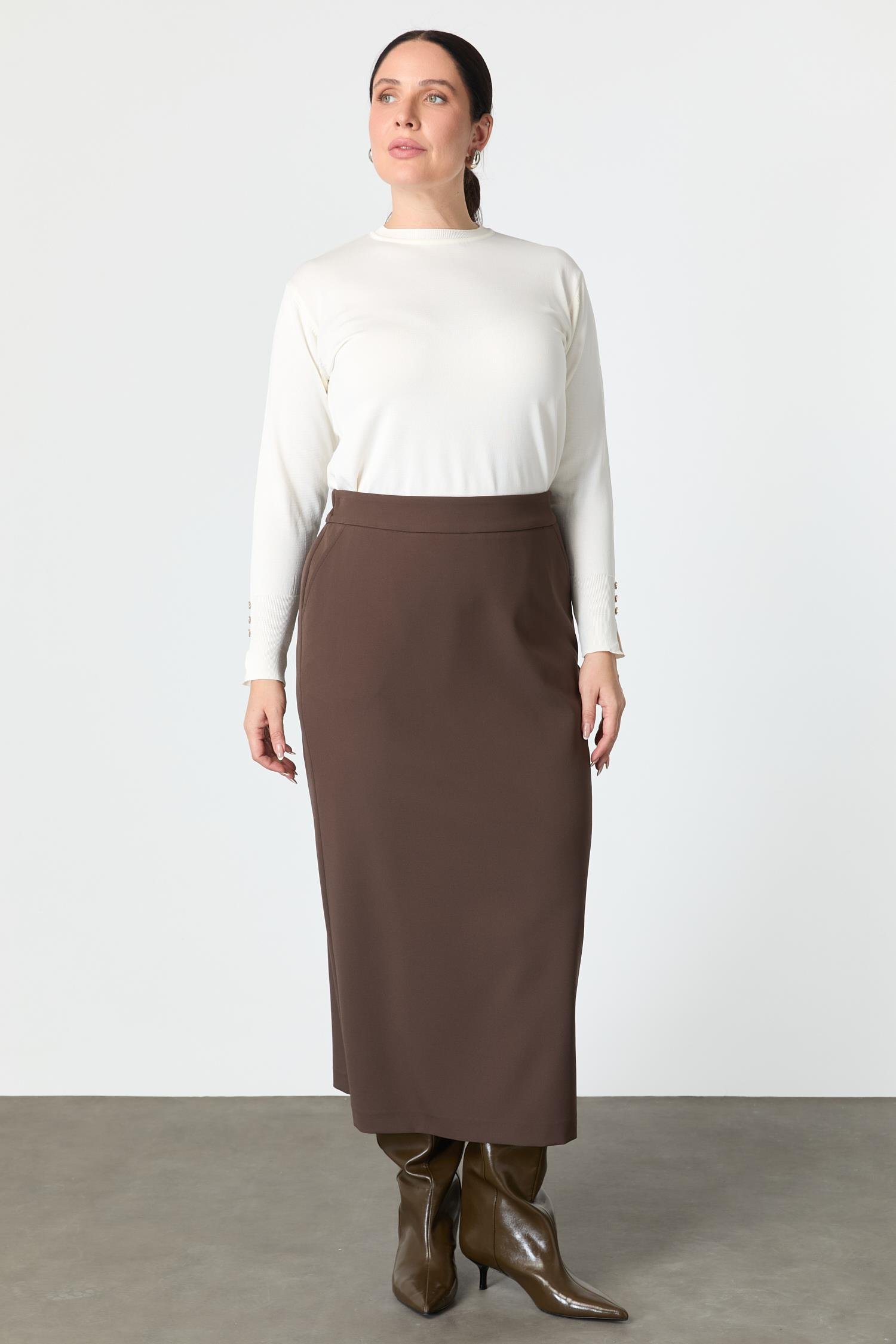 Büyük Beden Cep Detaylı Etek-KAHVE