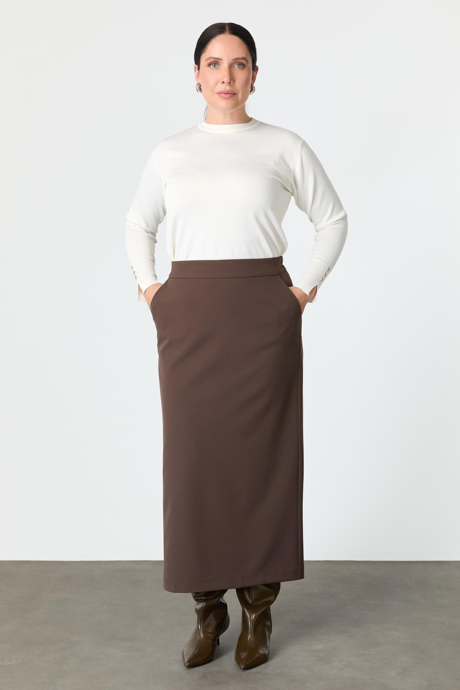 Büyük Beden Cep Detaylı Etek-KAHVE