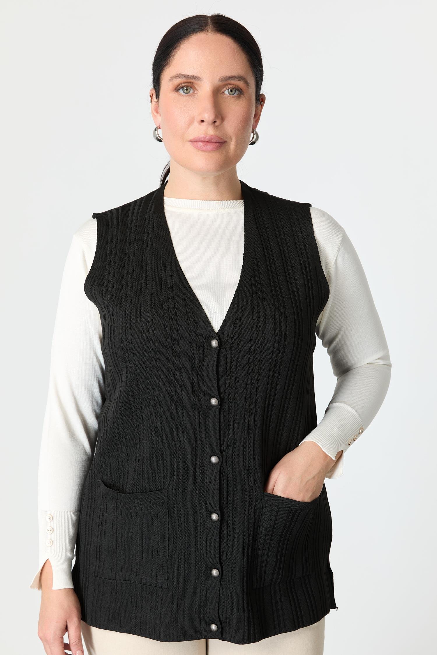 Büyük Beden Cep Detaylı Triko Yelek-SİYAH