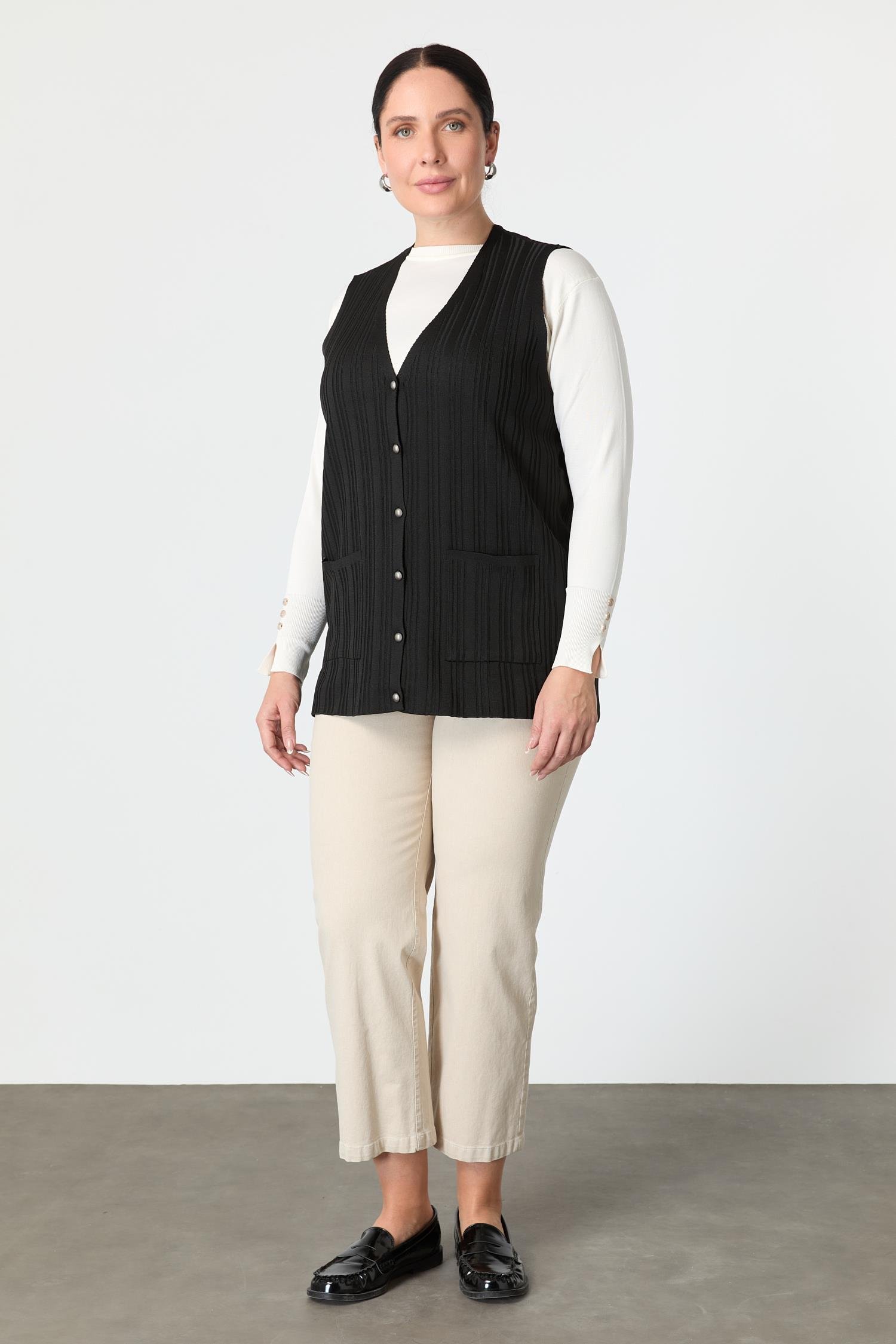 Büyük Beden Cep Detaylı Triko Yelek-SİYAH