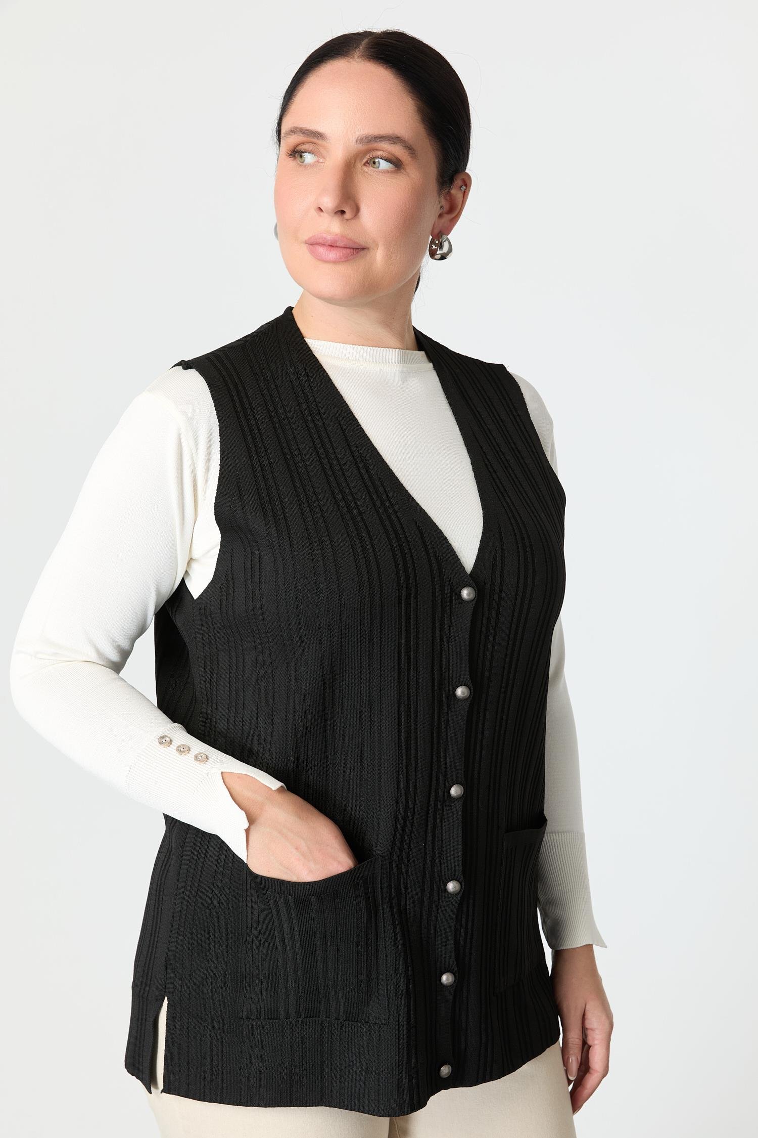 Büyük Beden Cep Detaylı Triko Yelek-SİYAH