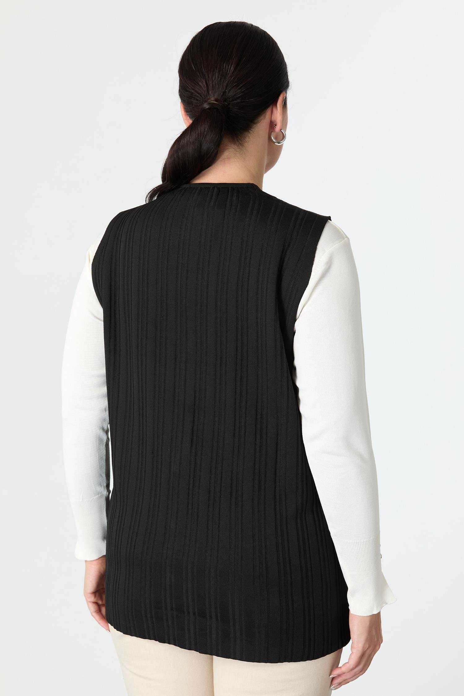 Büyük Beden Cep Detaylı Triko Yelek-SİYAH