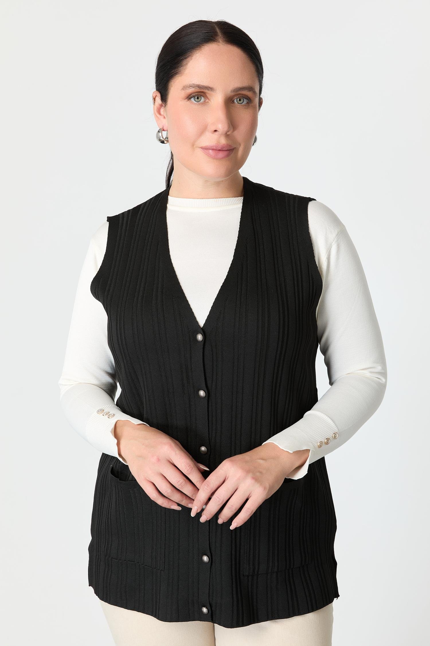 Büyük Beden Cep Detaylı Triko Yelek-SİYAH