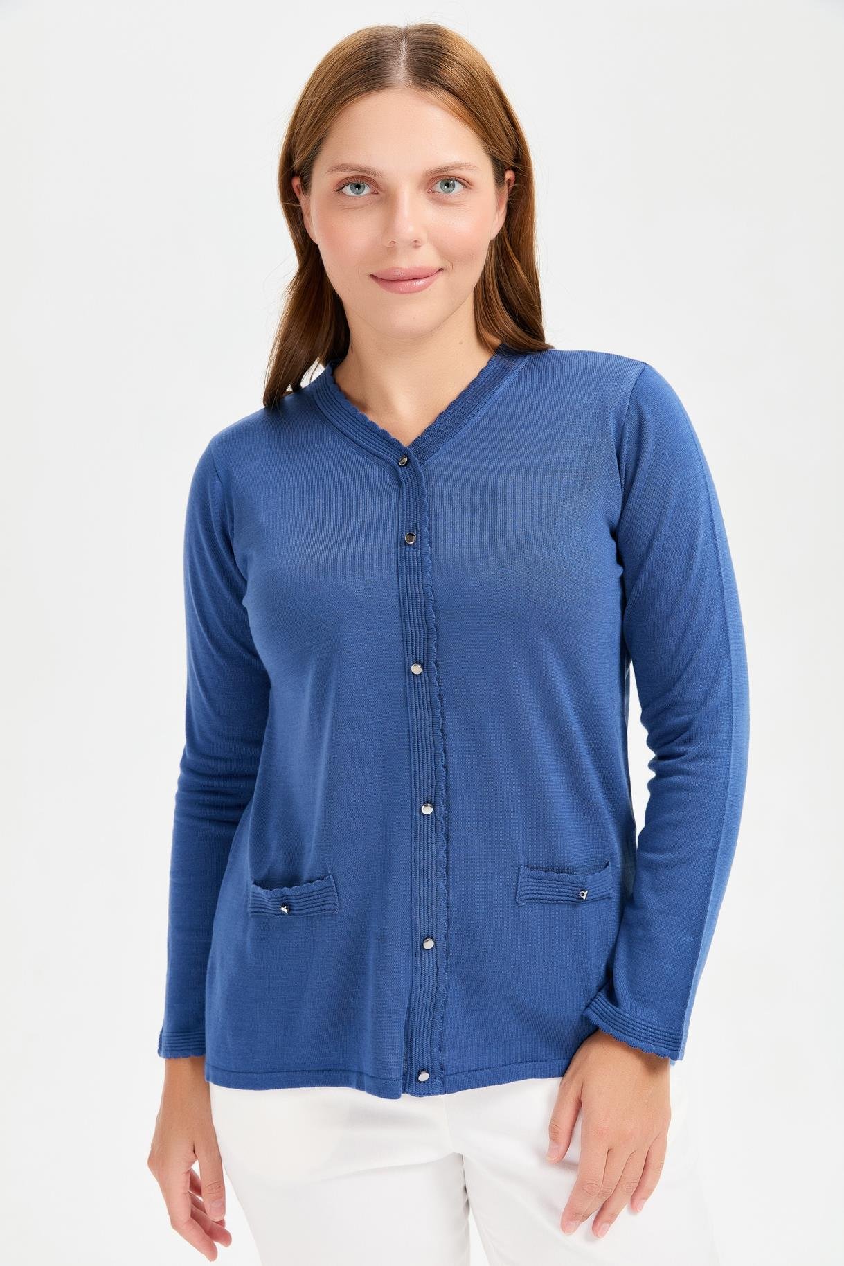 Büyük Beden Cep ve Düğme Detaylı Triko Kazak - İNDİGO