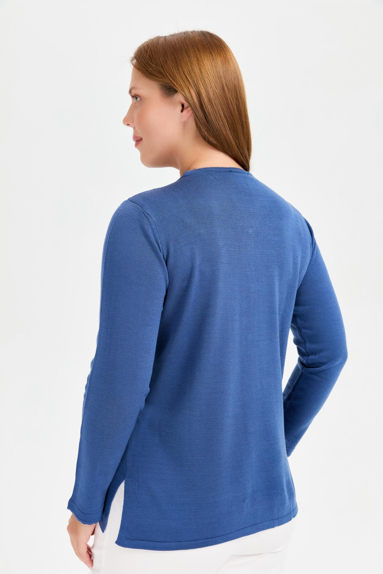 Büyük Beden Cep ve Düğme Detaylı Triko Kazak - İNDİGO